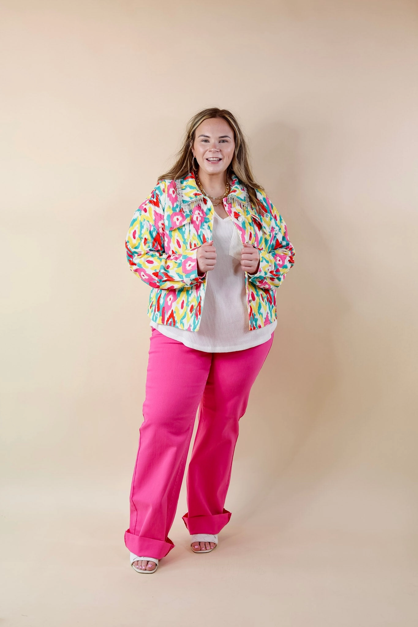 Movement Friendly Sharp Edge Chic Discovery Button Up Corduroy Jacket with Crystal Fringe in White Print