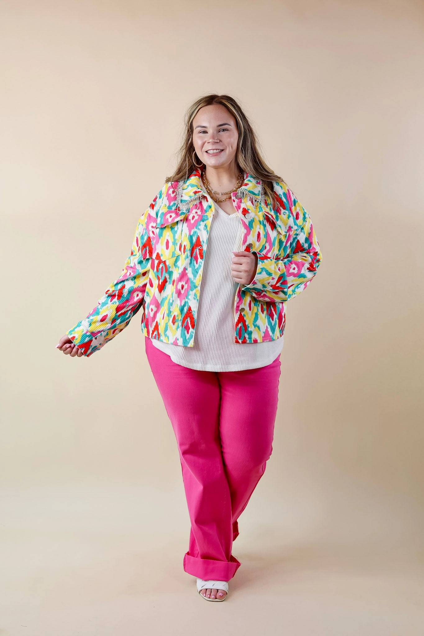 Chic Discovery Button Up Corduroy Jacket with Crystal Fringe in White Print Formal Wear Natural Fiber Blend