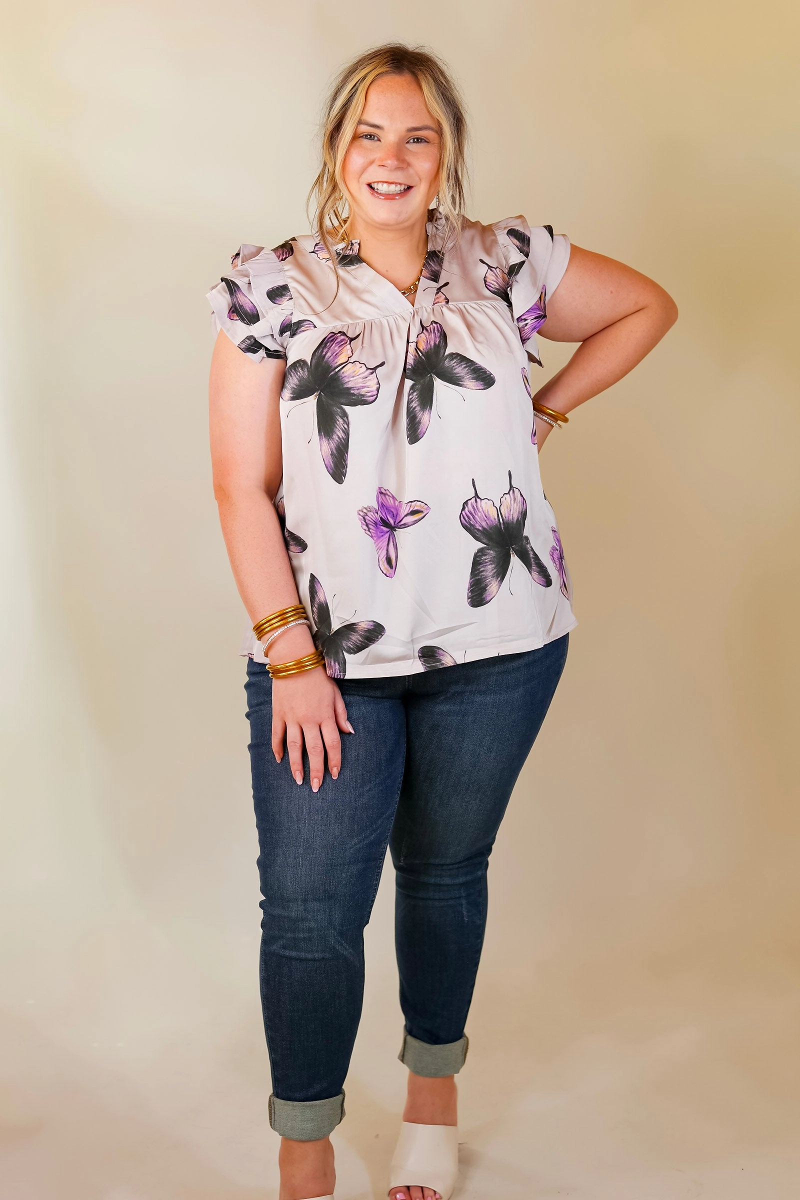 Butterfly Fly Away Top with Butterfly Print in Muted Purple EcoConscious Production