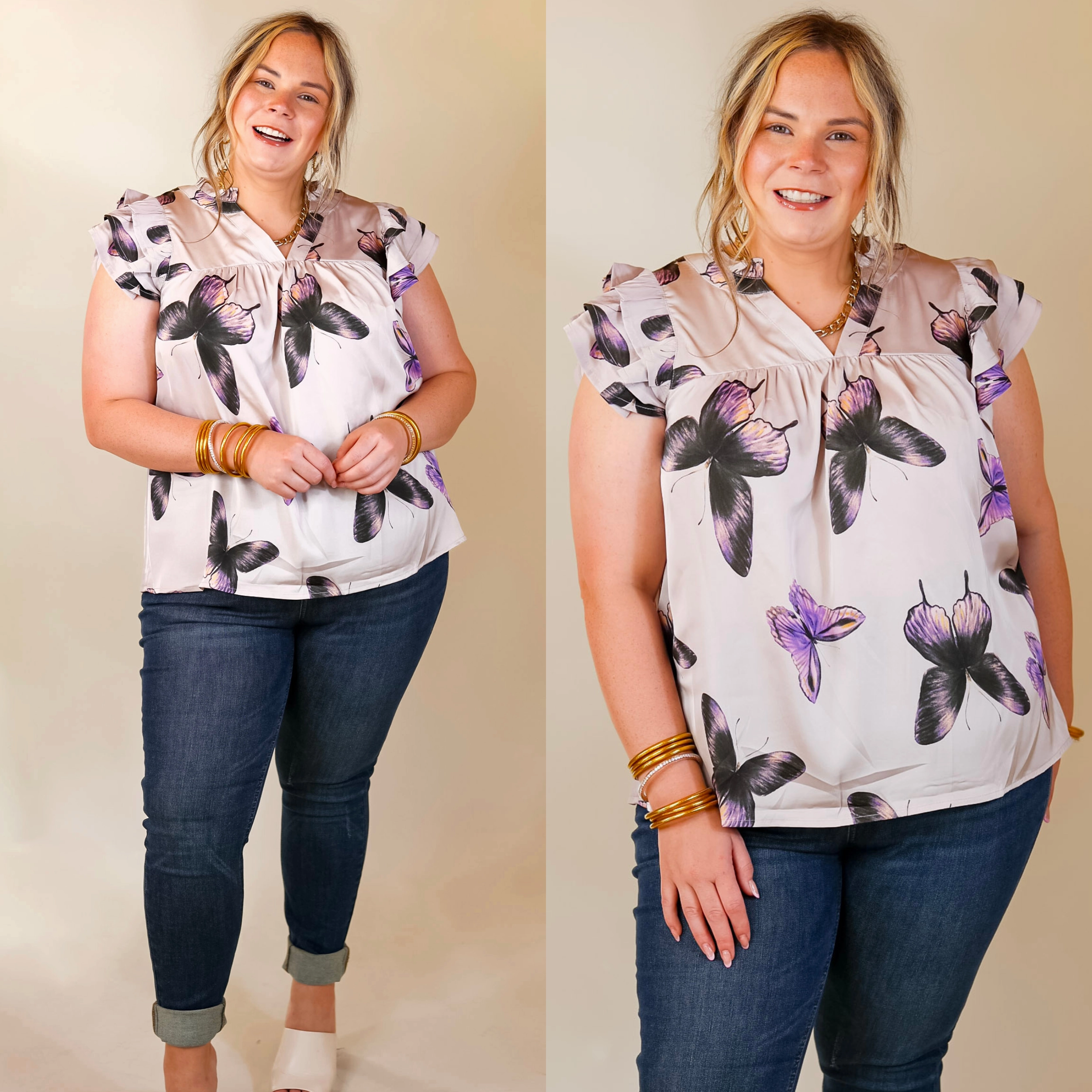 Metal Core Butterfly Fly Away Top with Butterfly Print in Muted Purple