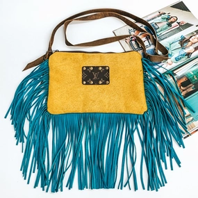 Streetwear Style Stylish Jeans Keep It Gypsy | Yellow Cowhide Crossbody Purse with Genuine Leather Turquoise Fringe