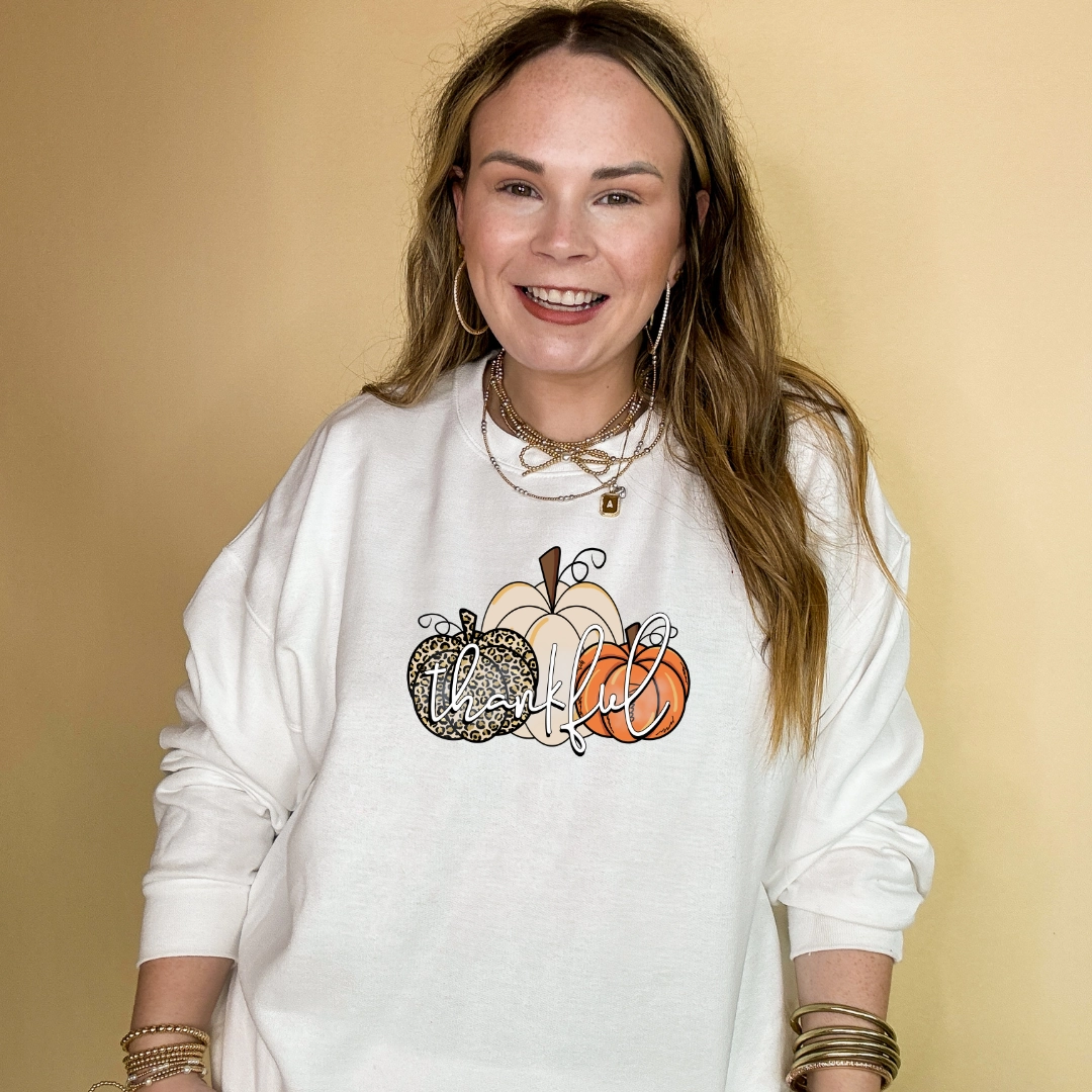 Online Exclusive | Thankful Cheetah and Solid Pumpkin Trio Graphic Sweatshirt in Multiple Color Options Stylish and Relaxed