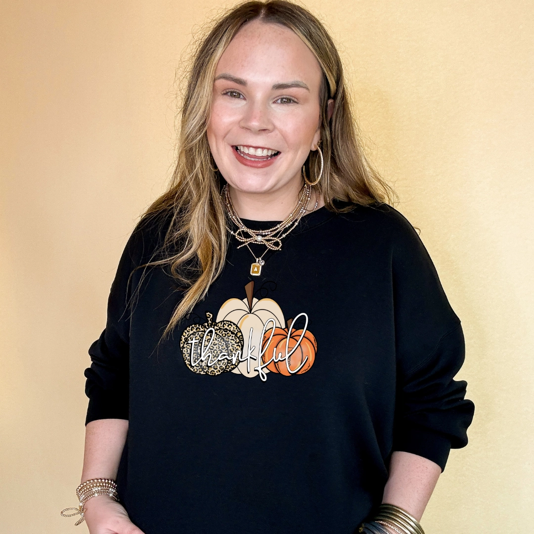 Online Exclusive | Thankful Cheetah and Solid Pumpkin Trio Graphic Sweatshirt in Multiple Color Options Casual Essentials OdorResistant Fabric