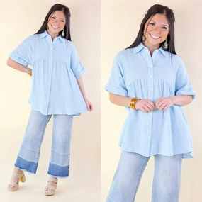 Mellow Mood Collared Button Up Babydoll Top in Airy Blue Aura Core Calm Core