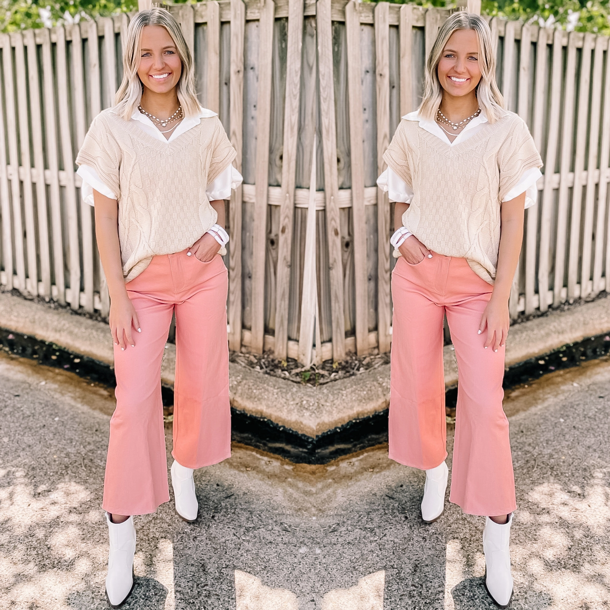 Chic Meet Up Wide Leg Cropped Denim Jeans in Coral Elite Vibe Trendy Outerwear