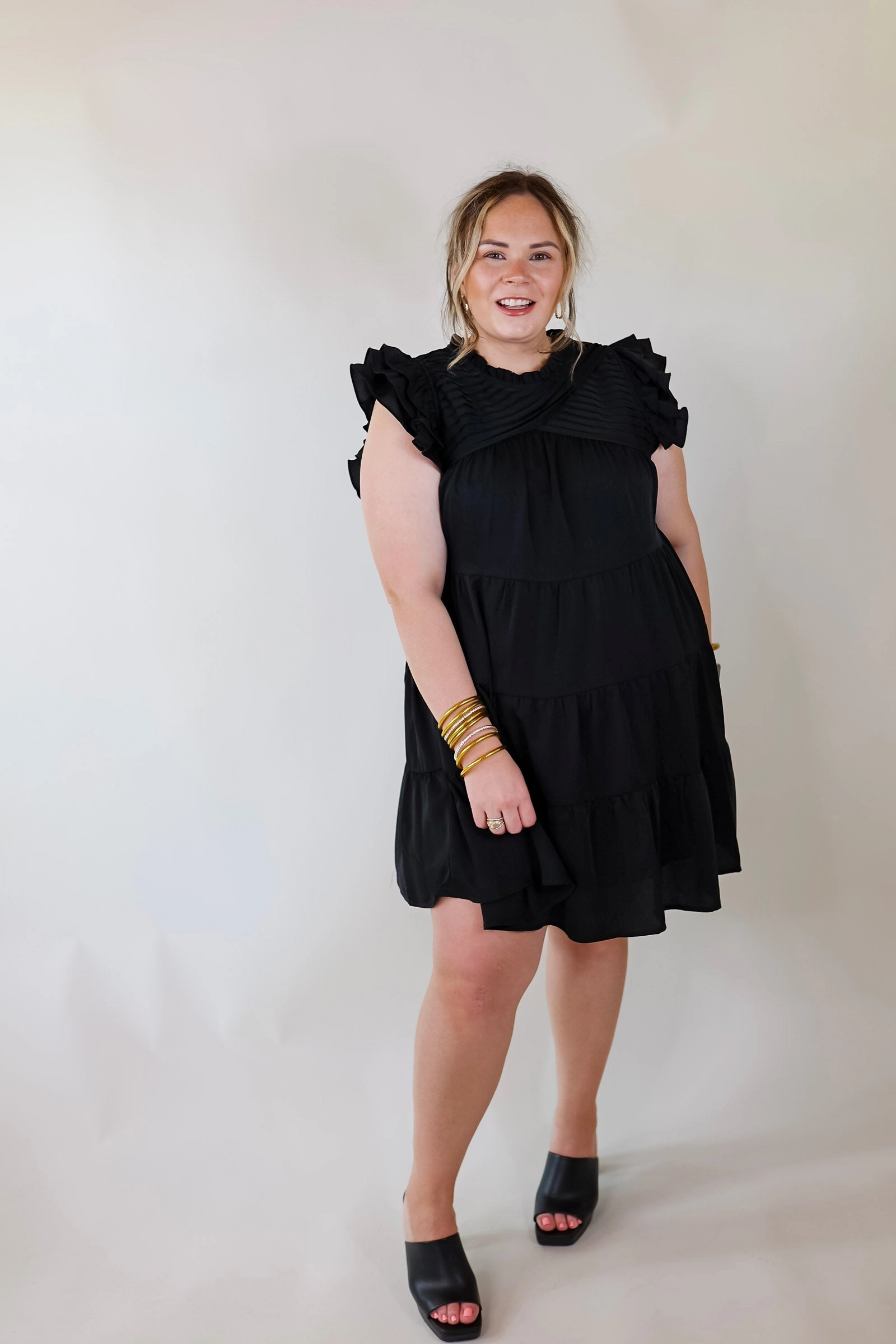 NonIrritating Seams Chic On Scene Ruffle Tiered Dress with Pleated Detailing in Black