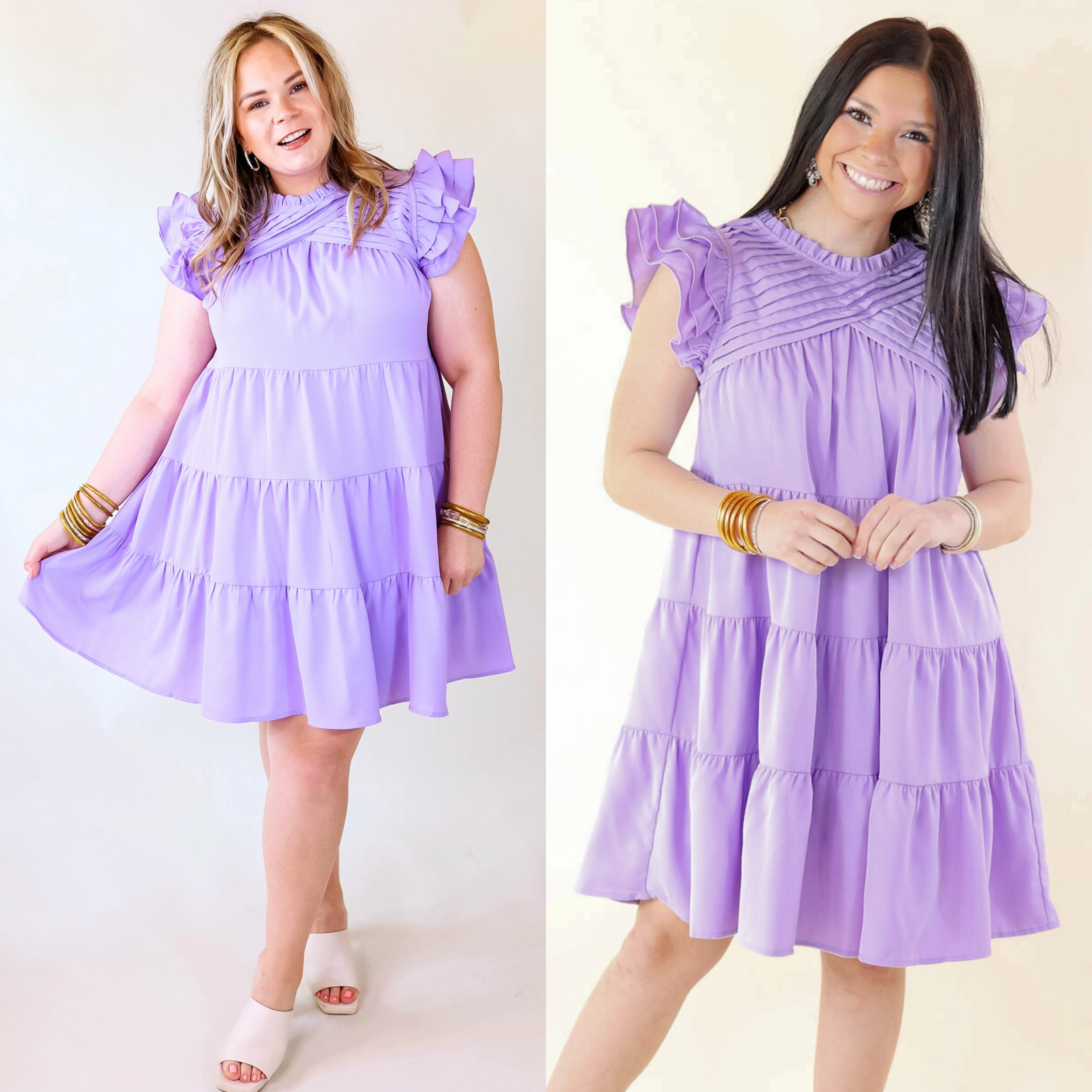 Perfect For Work Chic On Scene Ruffle Tiered Dress with Pleated Detailing in Lavender Purple