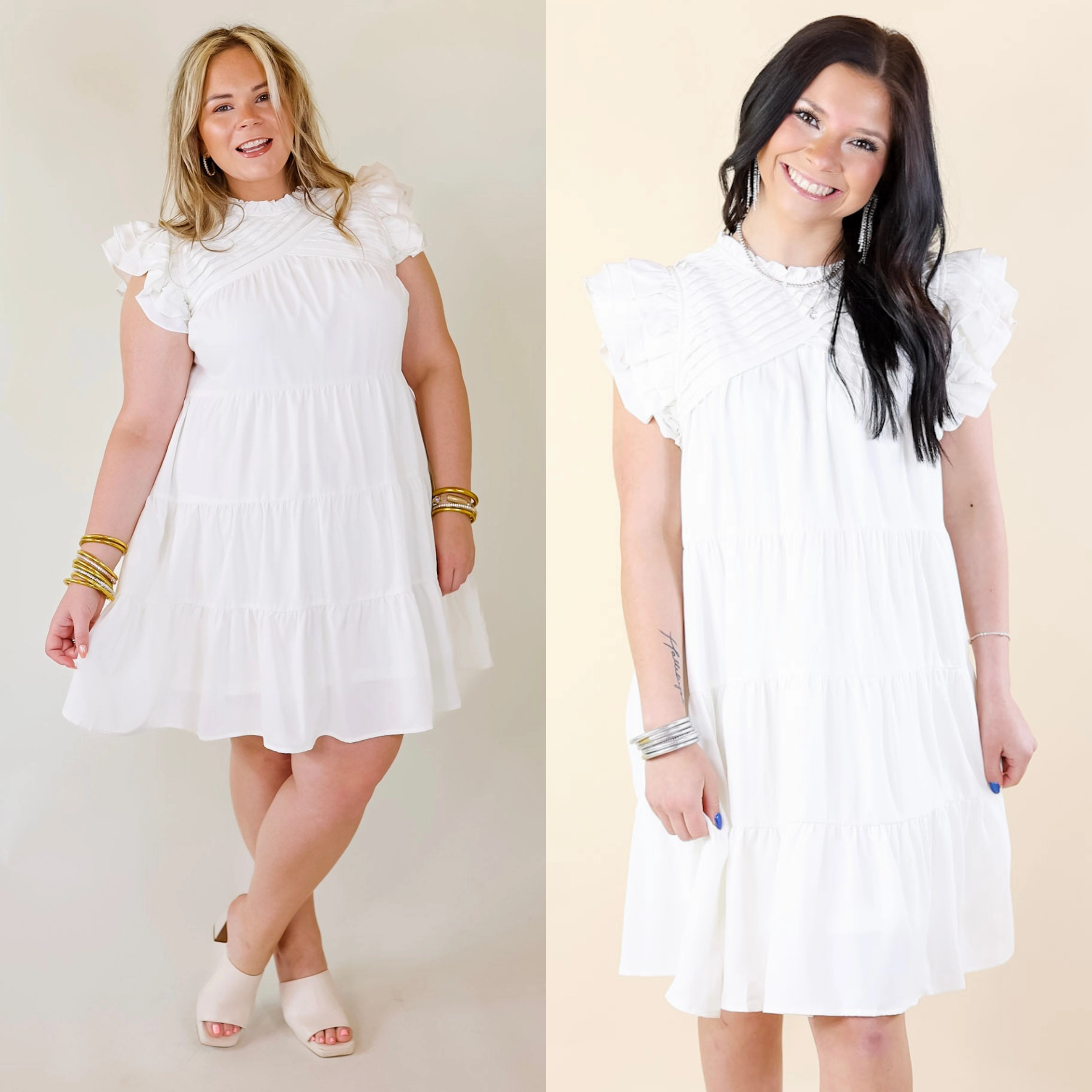 Chic On Scene Ruffle Tiered Dress with Pleated Detailing in White Fashionable Vest Gentle Breeze