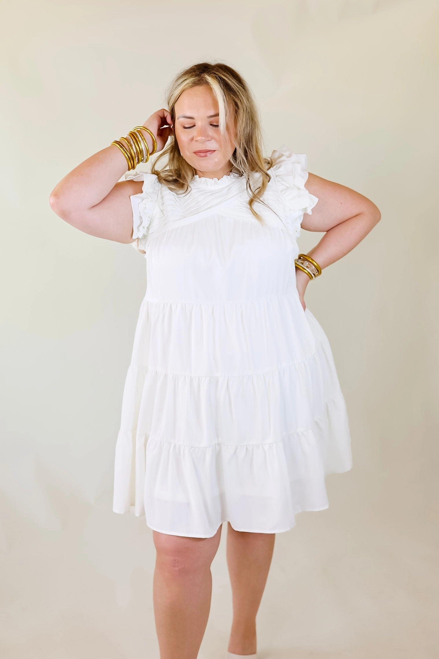 Chic On Scene Ruffle Tiered Dress with Pleated Detailing in White BreathableLining