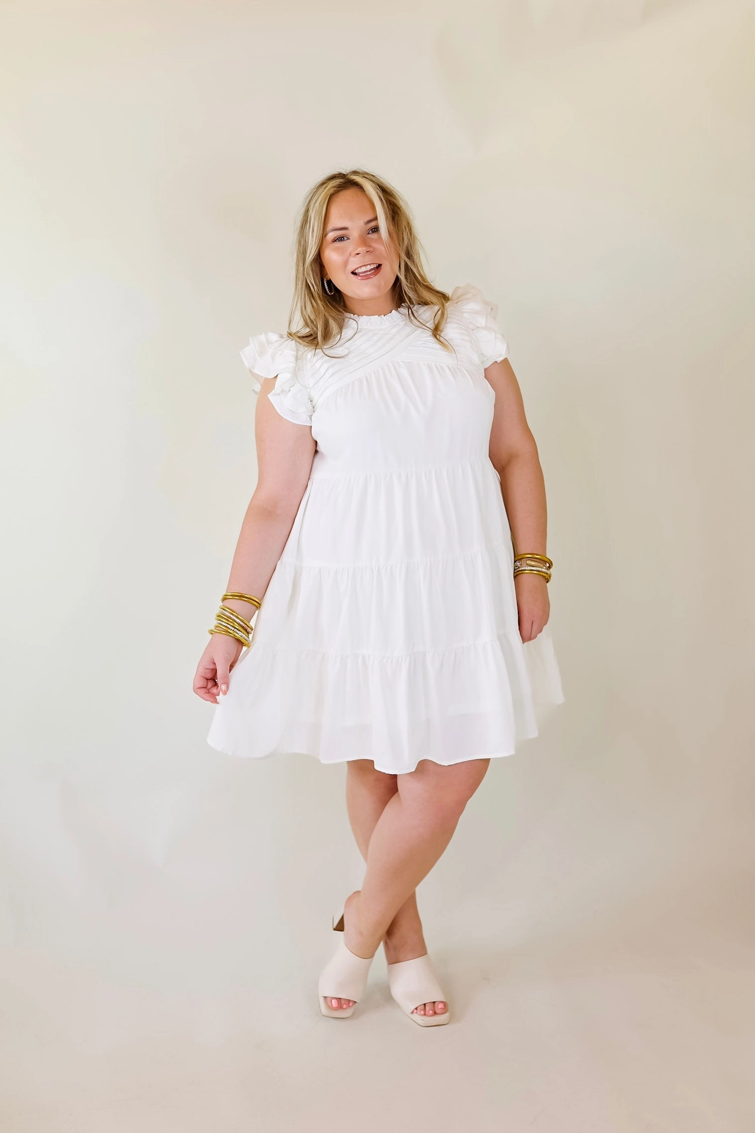 Chic On Scene Ruffle Tiered Dress with Pleated Detailing in White Office Mood