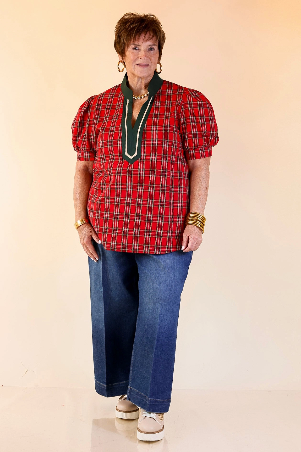 Chic Statement V Neck Plaid Top with Short Balloon Sleeves and Green Trim in Red Tailored Cut Pocket Detail