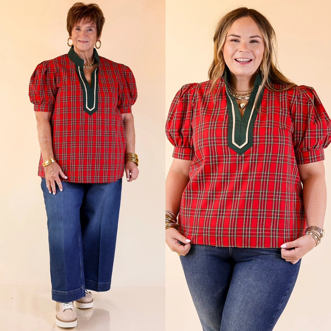 Casual Elegance Chic Statement V Neck Plaid Top with Short Balloon Sleeves and Green Trim in Red