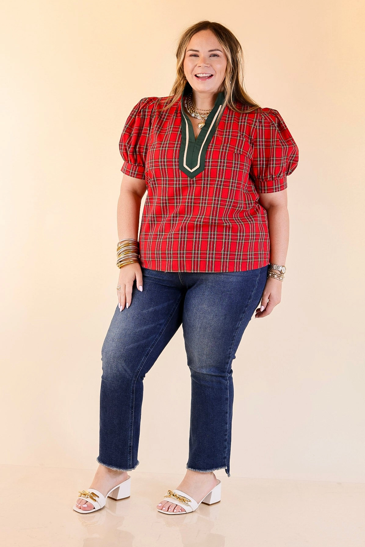 Affordable Fashion Chic Statement V Neck Plaid Top with Short Balloon Sleeves and Green Trim in Red