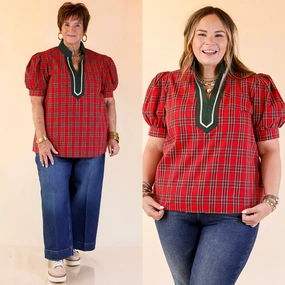 Casual Elegance Chic Statement V Neck Plaid Top with Short Balloon Sleeves and Green Trim in Red