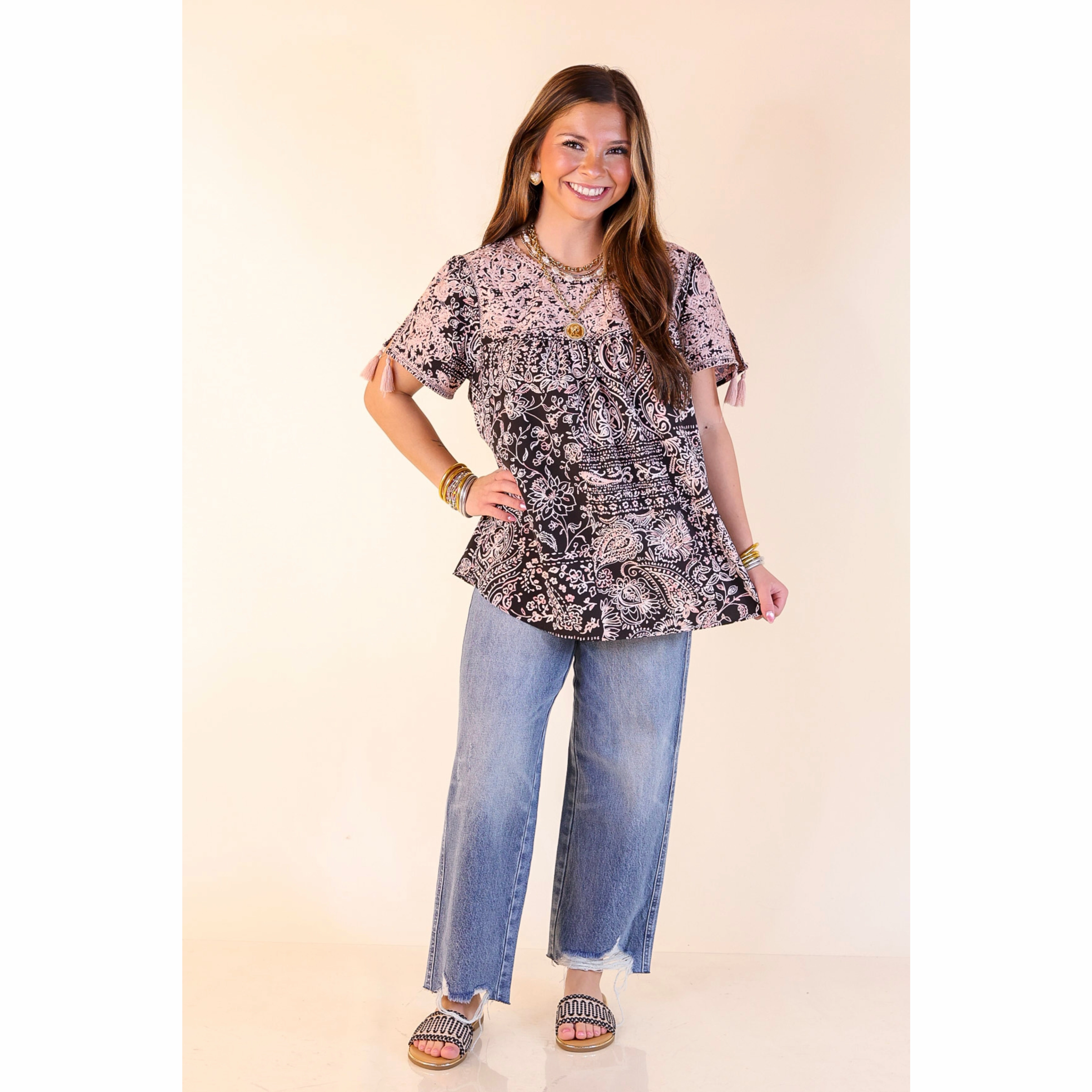 Sustainable Choice Anti-static Sweet And Charming Paisley and Floral Print Top with Light Pink Floral Embroidery in Black