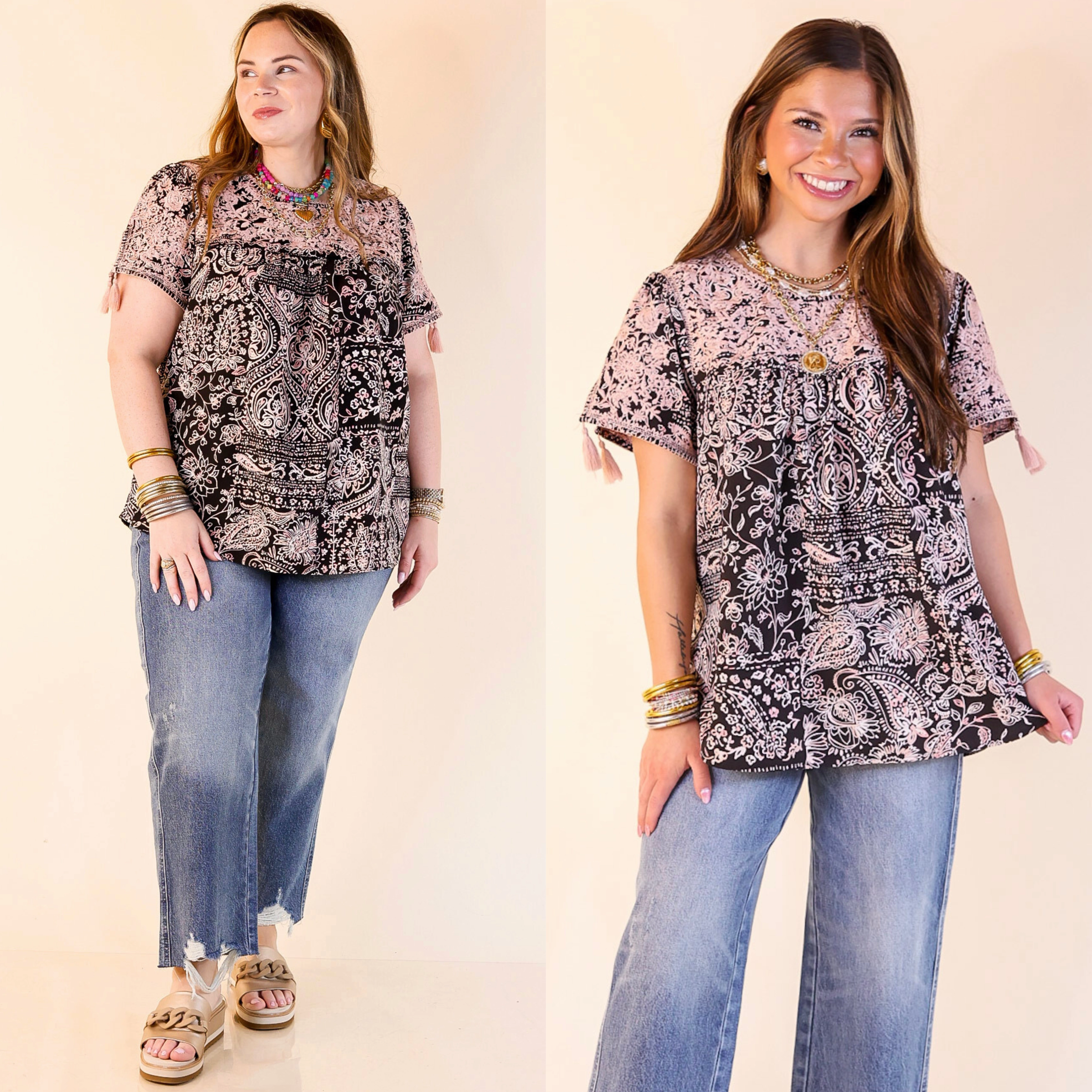 Wardrobe Must-Have Smooth Seam Finish Sweet And Charming Paisley and Floral Print Top with Light Pink Floral Embroidery in Black