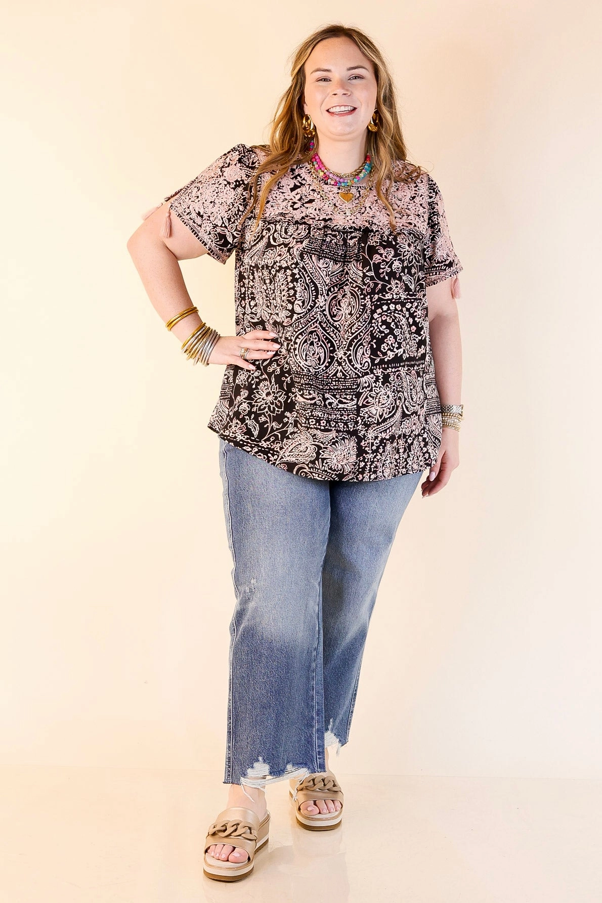 Sweet And Charming Paisley and Floral Print Top with Light Pink Floral Embroidery in Black Odor Control Fabric