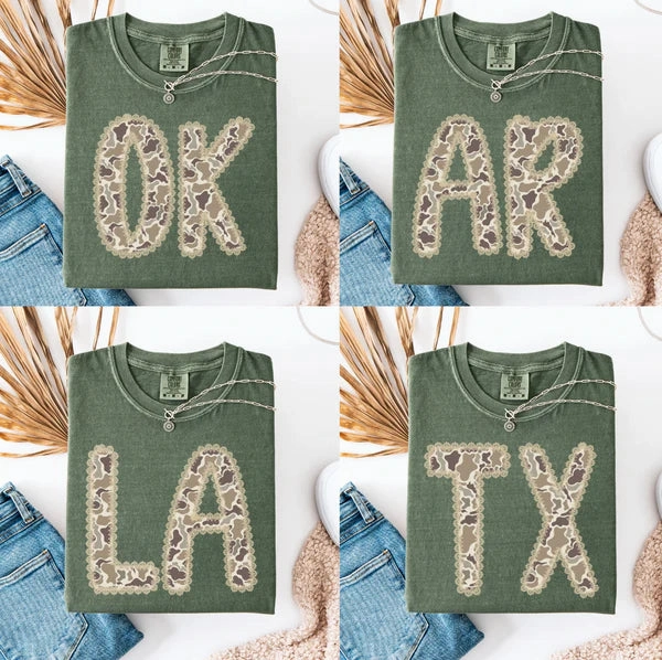 Relaxed Armhole Cut Stretch Jersey Knit Online Exclusive | Custom Camo State Graphic on Short Sleeve Comfort Color Tee in Moss Green