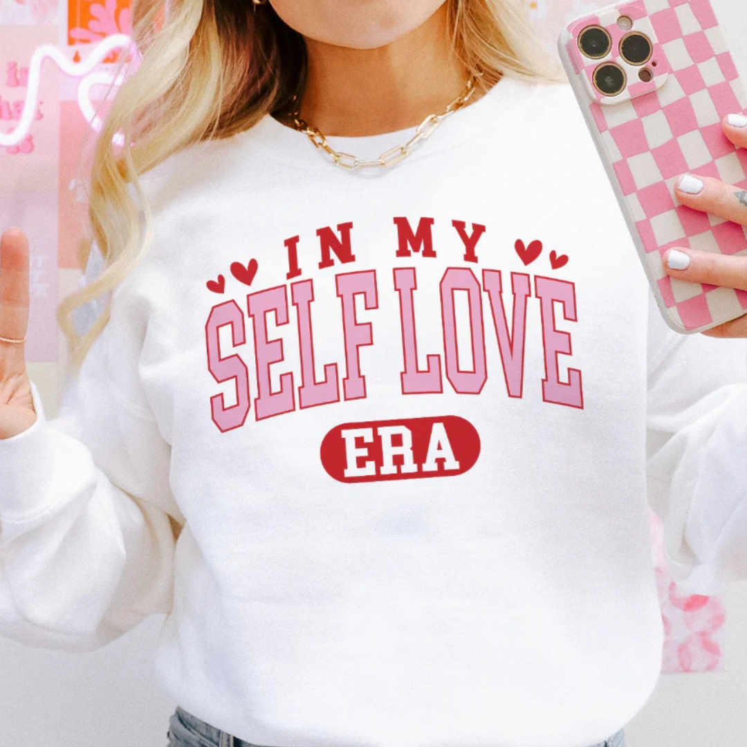 Online Exclusive | In My Self Love Era Graphic Sweatshirt in White Plus Size simple design