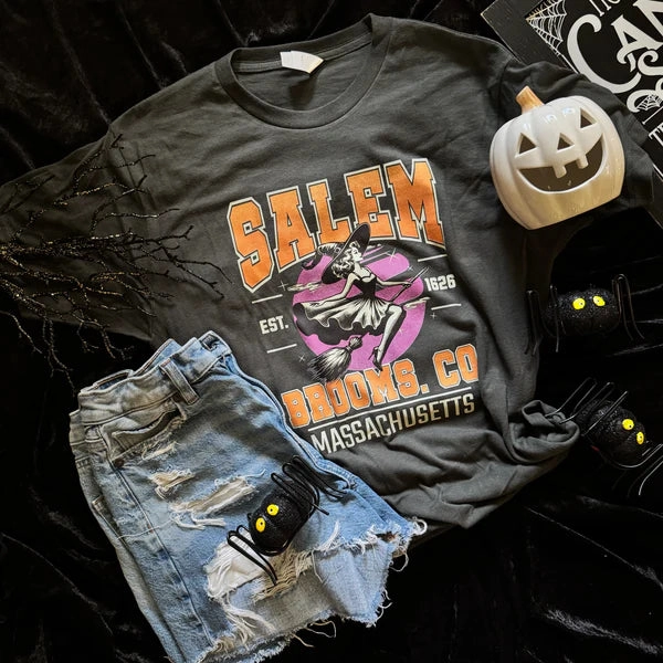 Online Exclusive | Salem Brooms Short Sleeve Graphic Tee in Charcoal Black Comfortable Design All-Season Comfort Wear