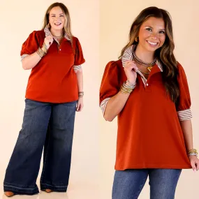 V-neck Blouse Non Chafing Edges Refined Edge Short Puff Sleeve Top with Striped Collar in Rust Orange
