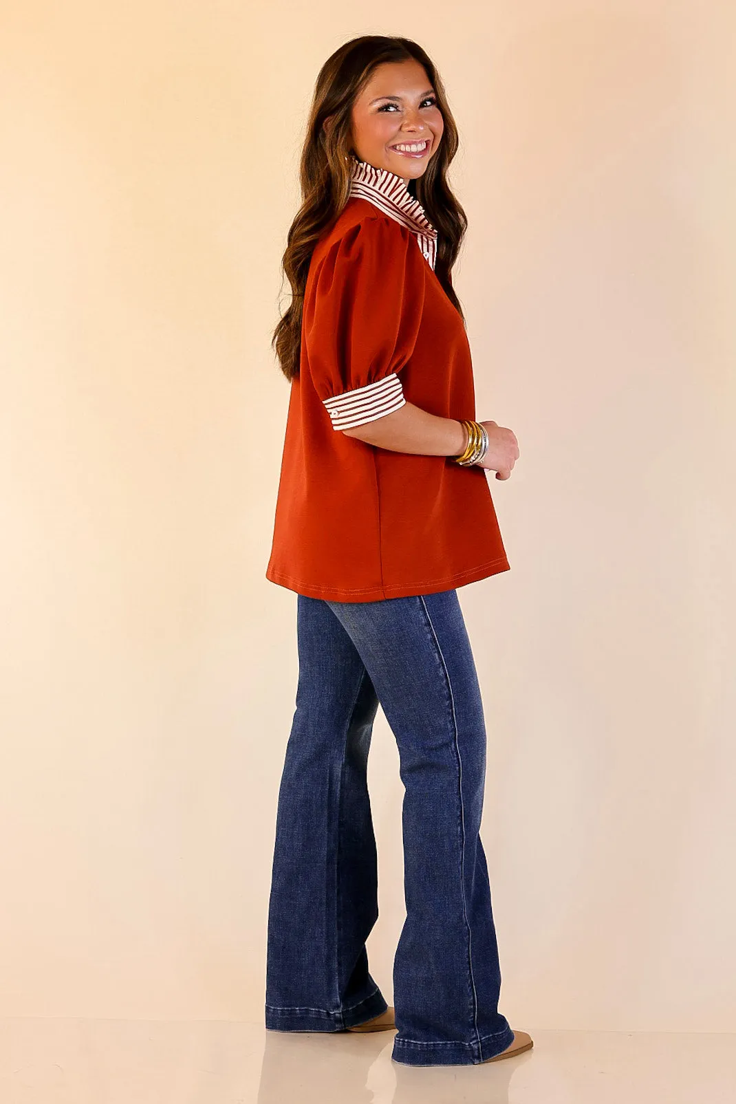 EasyCare Fabric HypoallergenicFibers Refined Edge Short Puff Sleeve Top with Striped Collar in Rust Orange