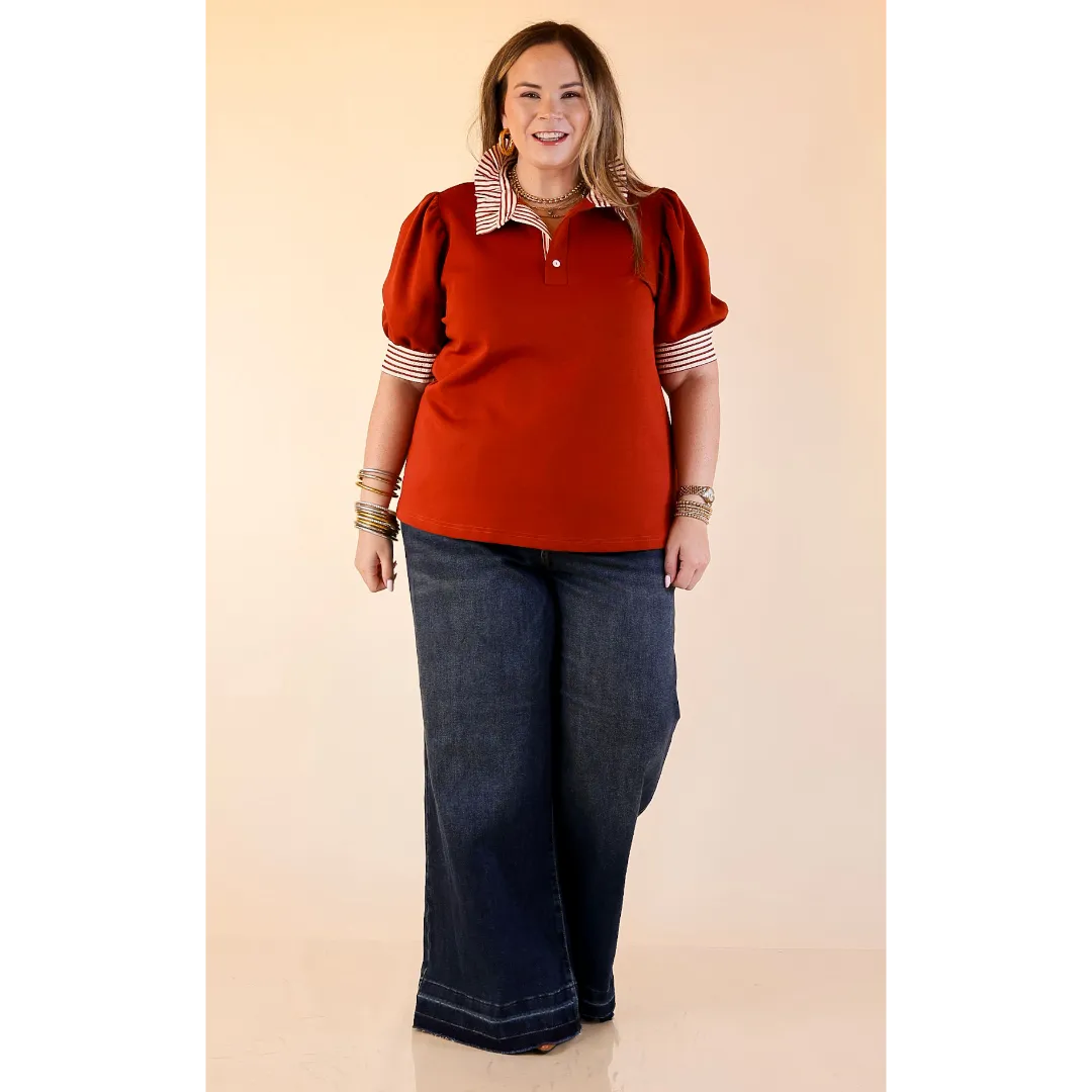 SweatWicking Fabric Grid Texture Fabric Refined Edge Short Puff Sleeve Top with Striped Collar in Rust Orange