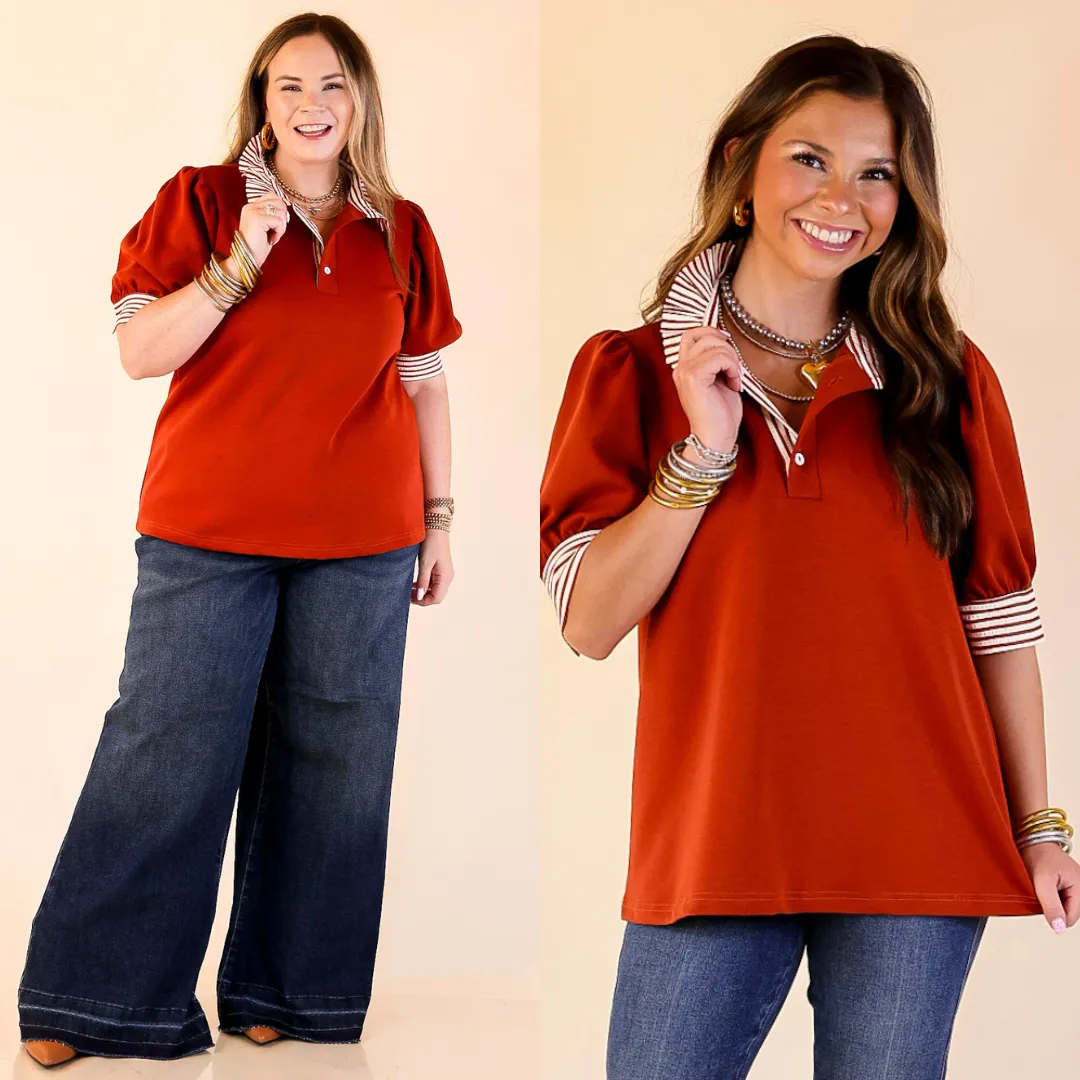 V-neck Blouse Non Chafing Edges Refined Edge Short Puff Sleeve Top with Striped Collar in Rust Orange