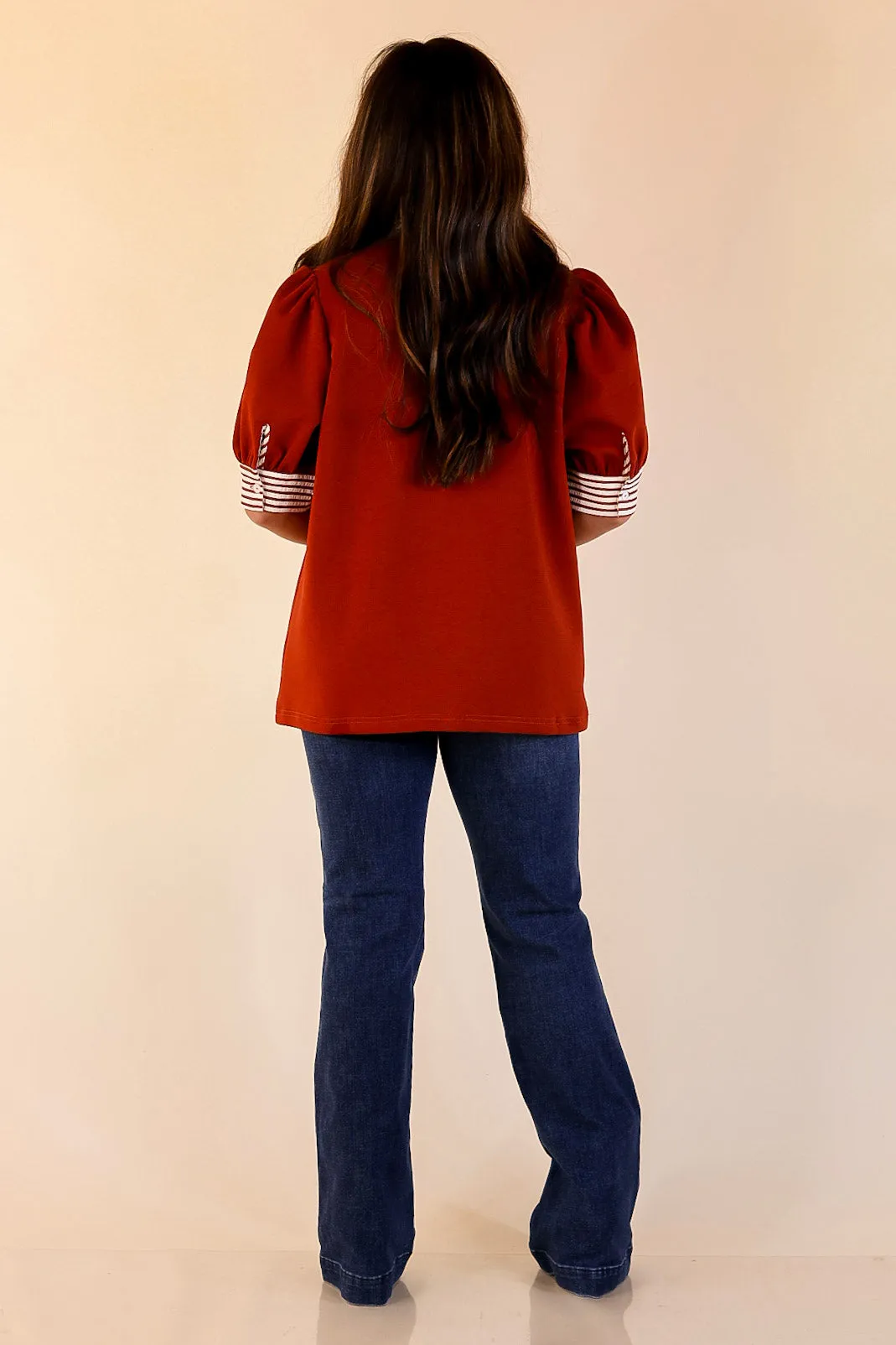 RibbedNeckline Refined Edge Short Puff Sleeve Top with Striped Collar in Rust Orange