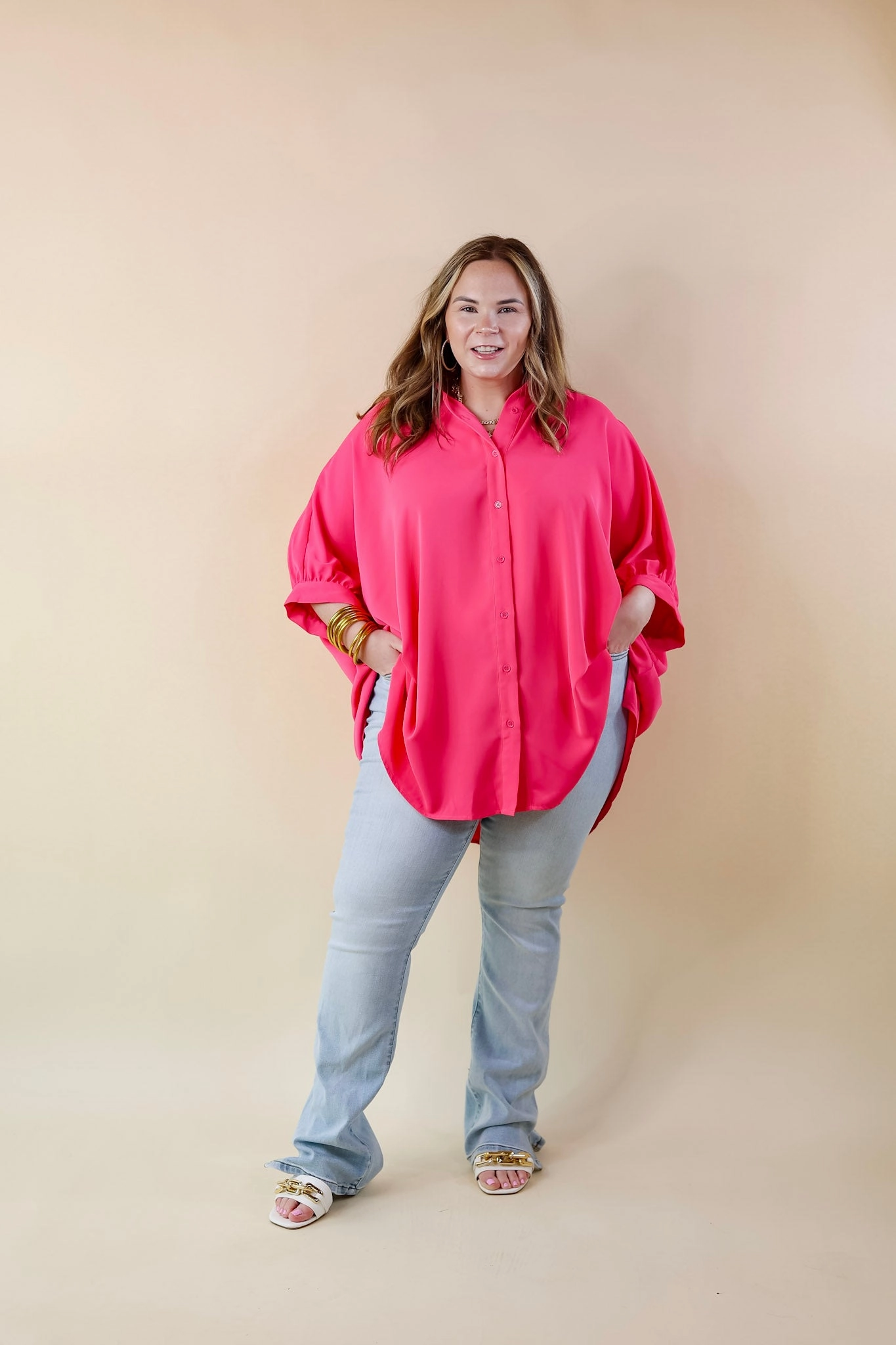 City Lifestyle Button Up Half Sleeve Poncho Top in Hot Pink Silicone Print Detail MultiPocket