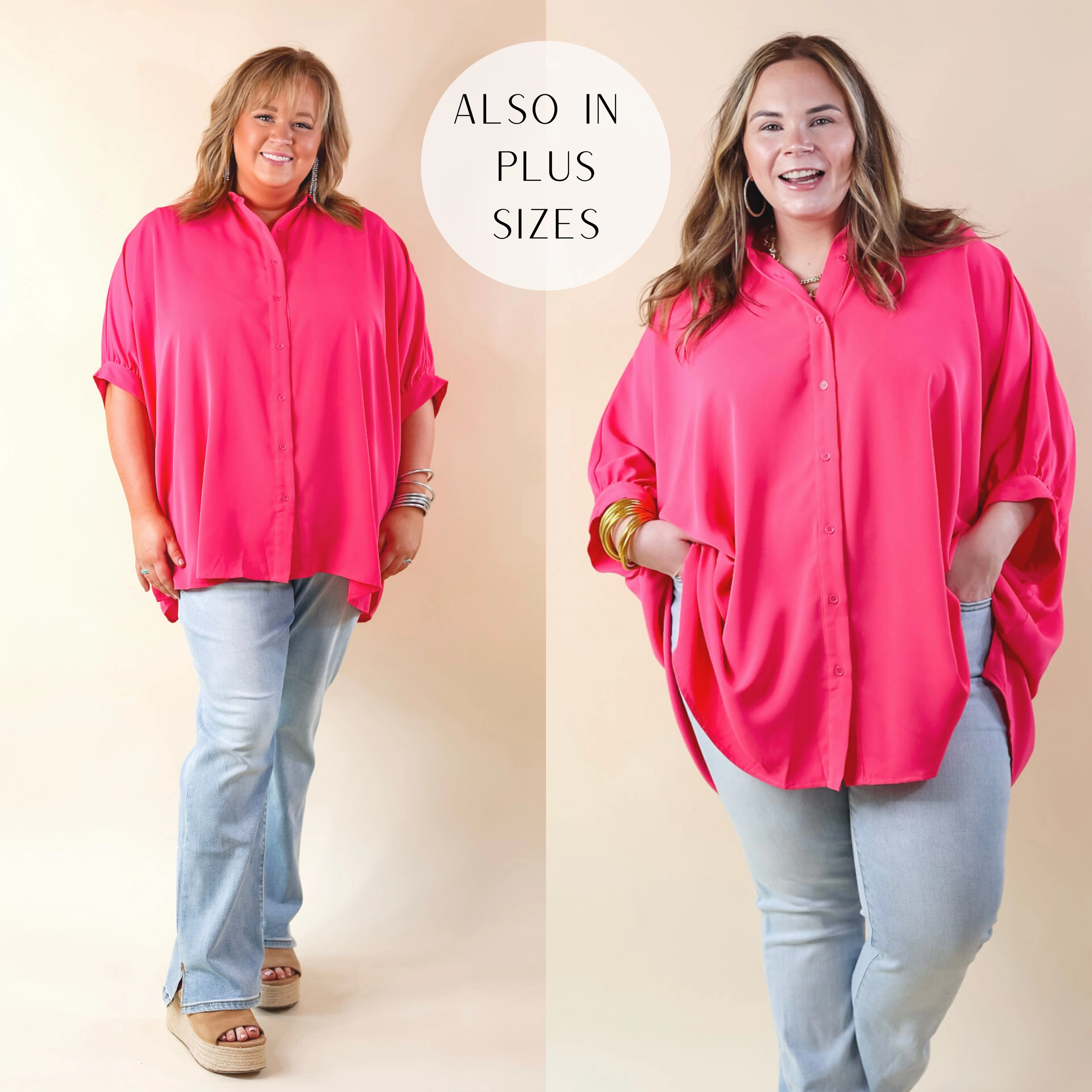 HighStretch City Lifestyle Button Up Half Sleeve Poncho Top in Hot Pink