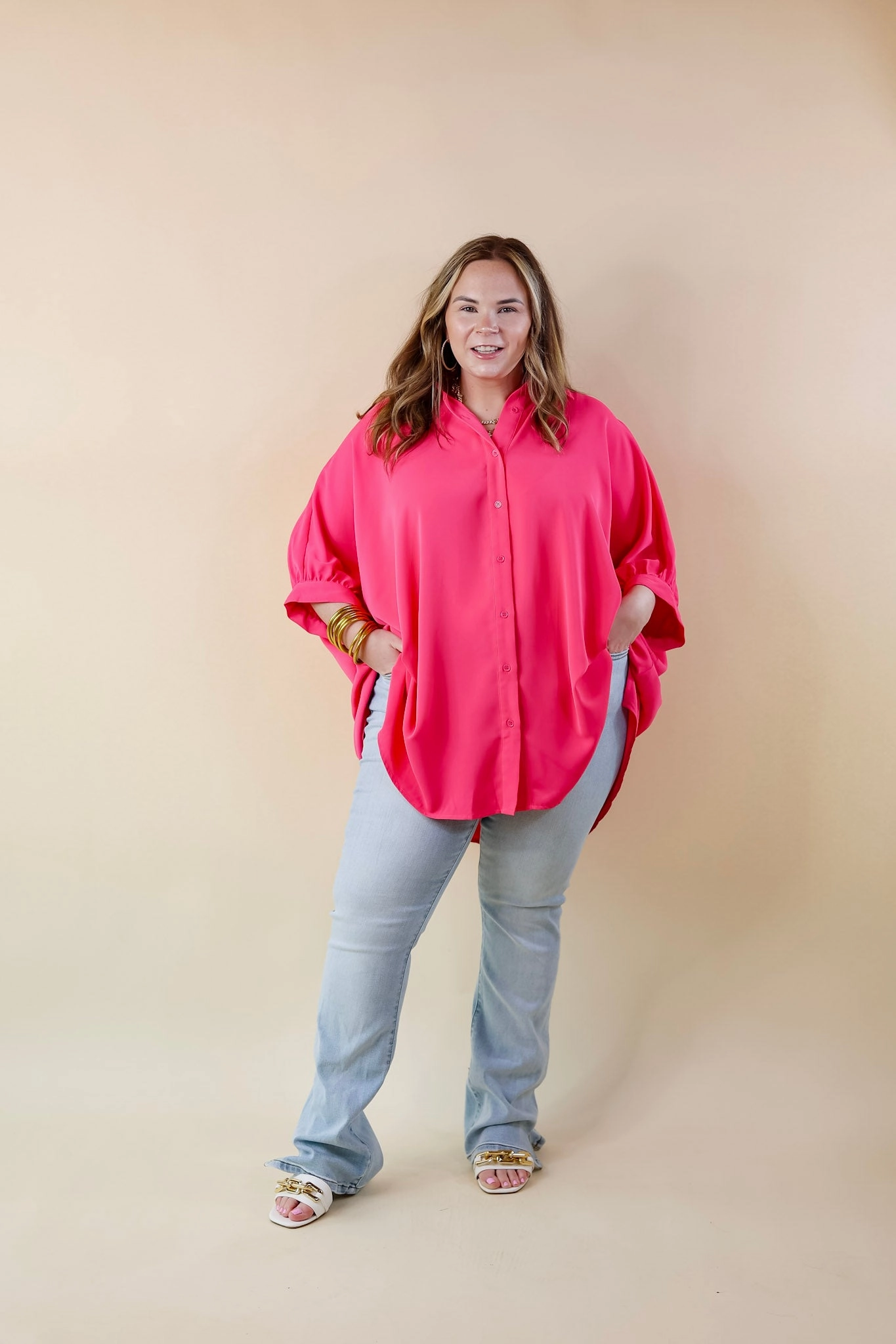 ShapeRetentionCloth Sun Protection Fabric City Lifestyle Button Up Half Sleeve Poncho Top in Hot Pink