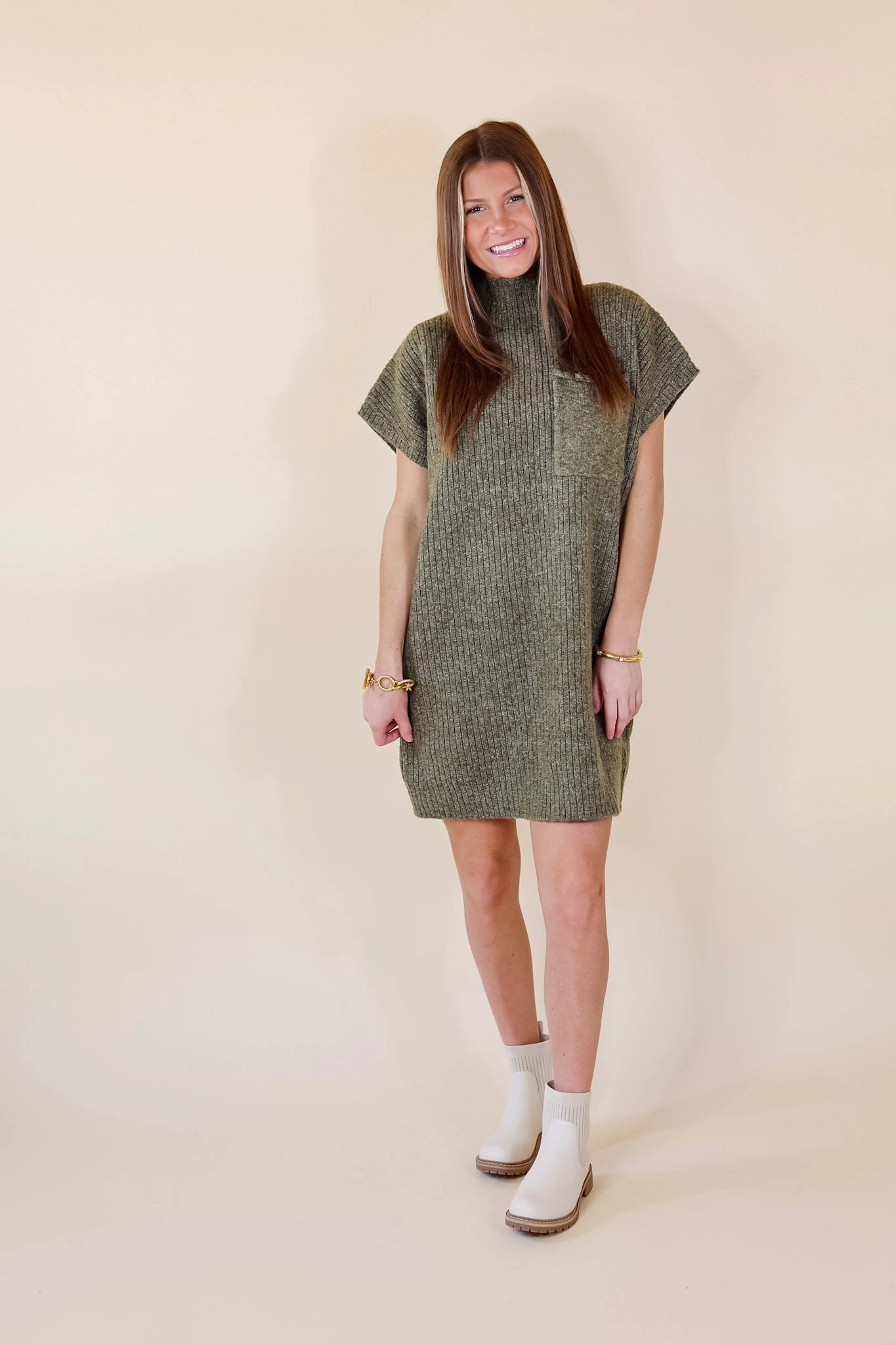 StainResistant Fabric City Sights Cap Sleeve Sweater Dress in Olive Green