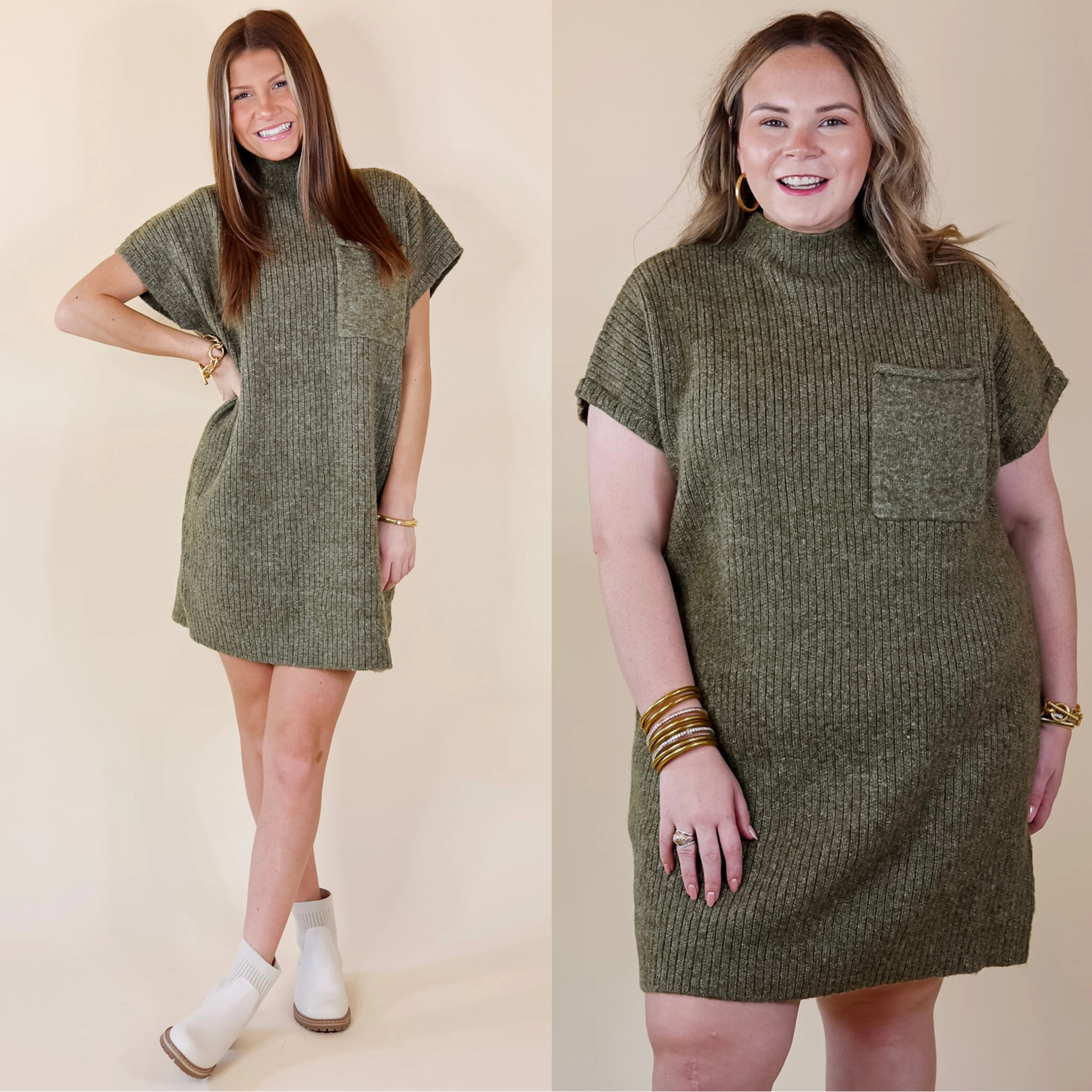 City Sights Cap Sleeve Sweater Dress in Olive Green Trendy Hat