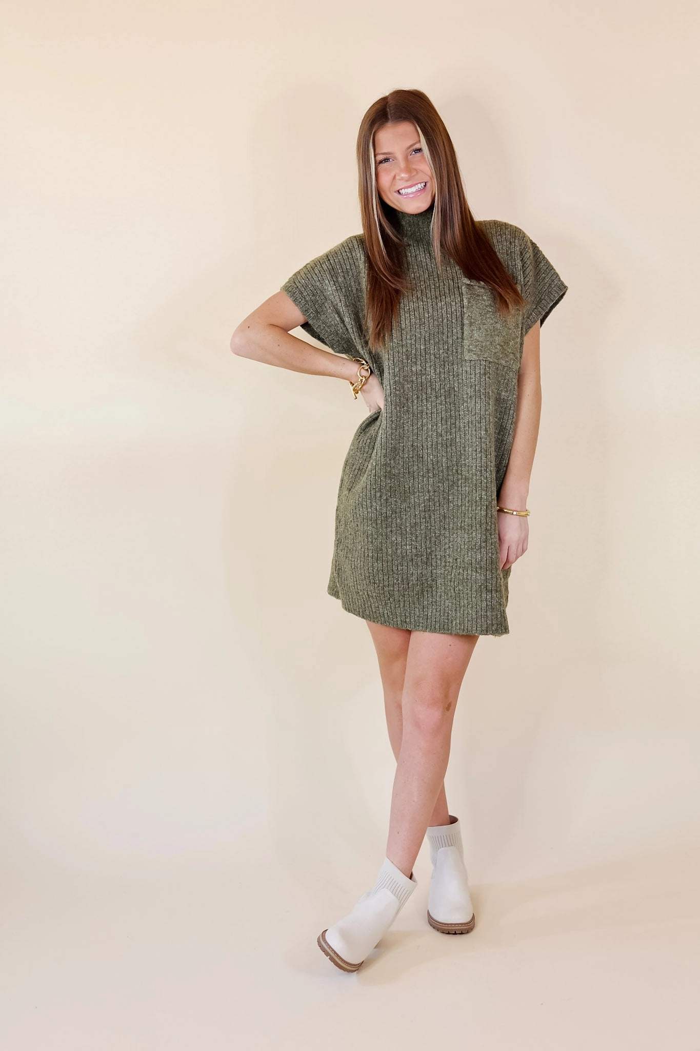 Flow Core Wild Mood City Sights Cap Sleeve Sweater Dress in Olive Green