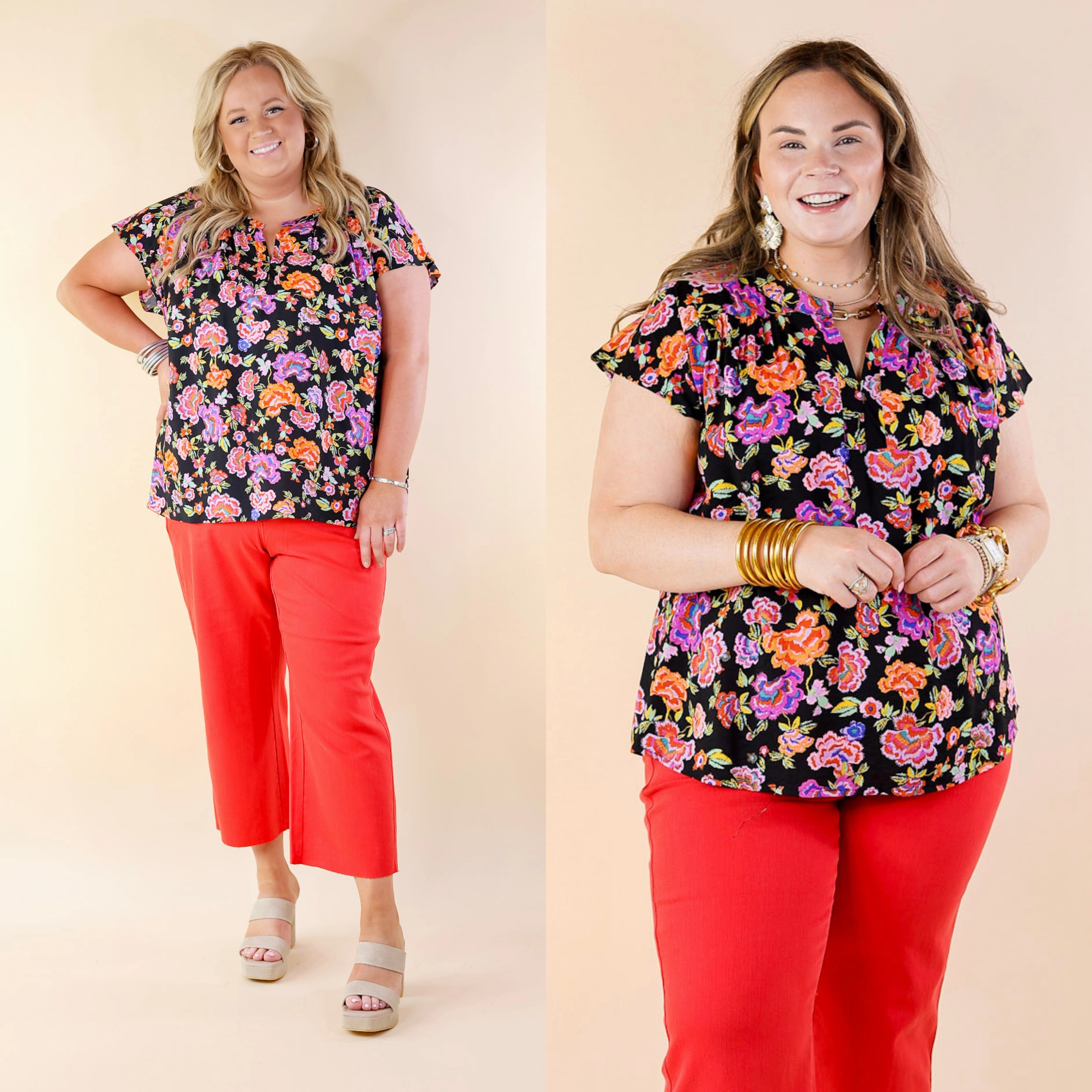 FlexibleWaistband Whimsical Wonder Floral Print Top with Notched Neckline and Drop Sleeves in Black