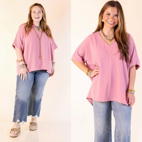 Classically Chic Short Sleeve V Neck Top in Light Rose Mauve Pink Job Interview wrinkle free