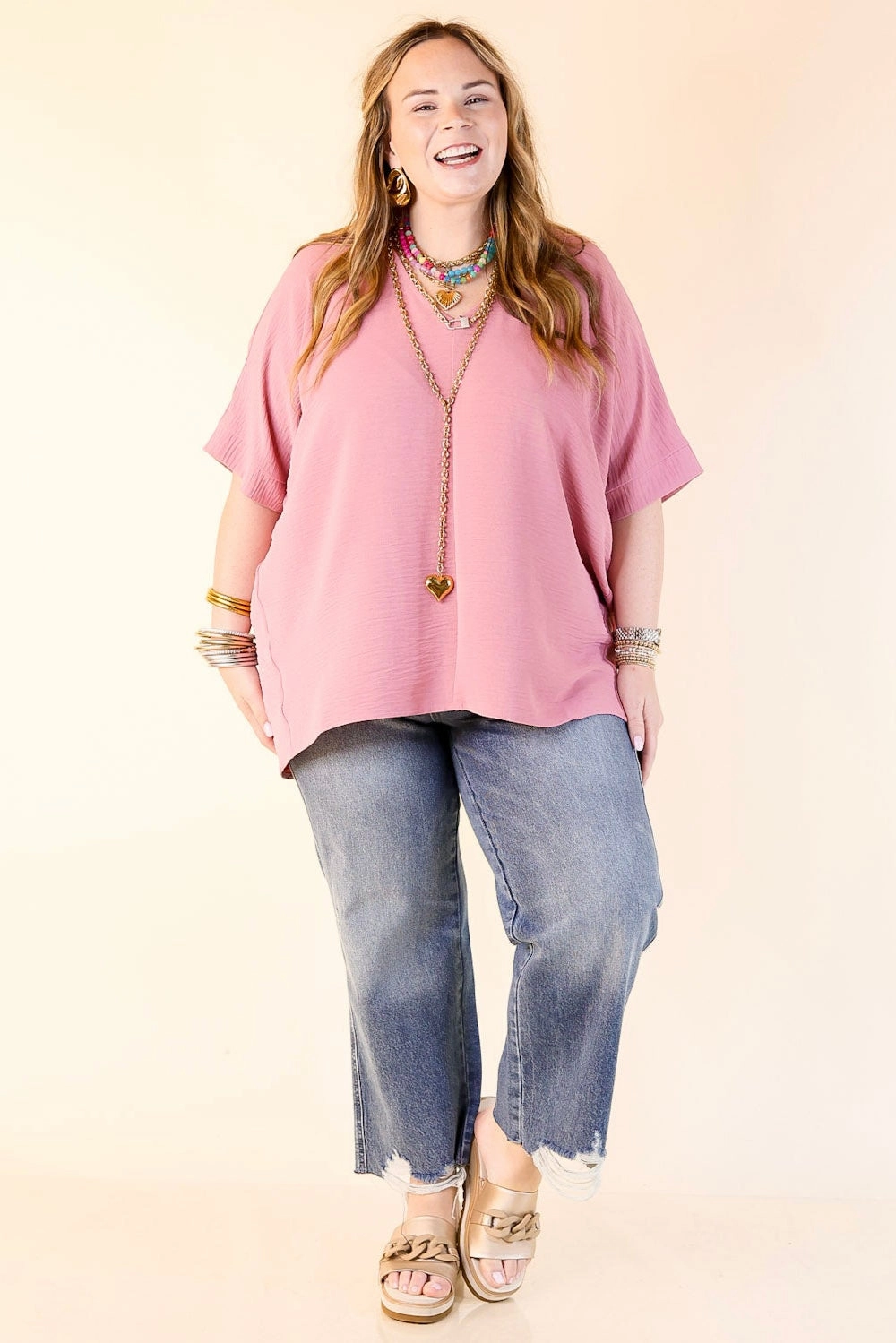 Classically Chic Short Sleeve V Neck Top in Light Rose Mauve Pink Regular Fit mix and match