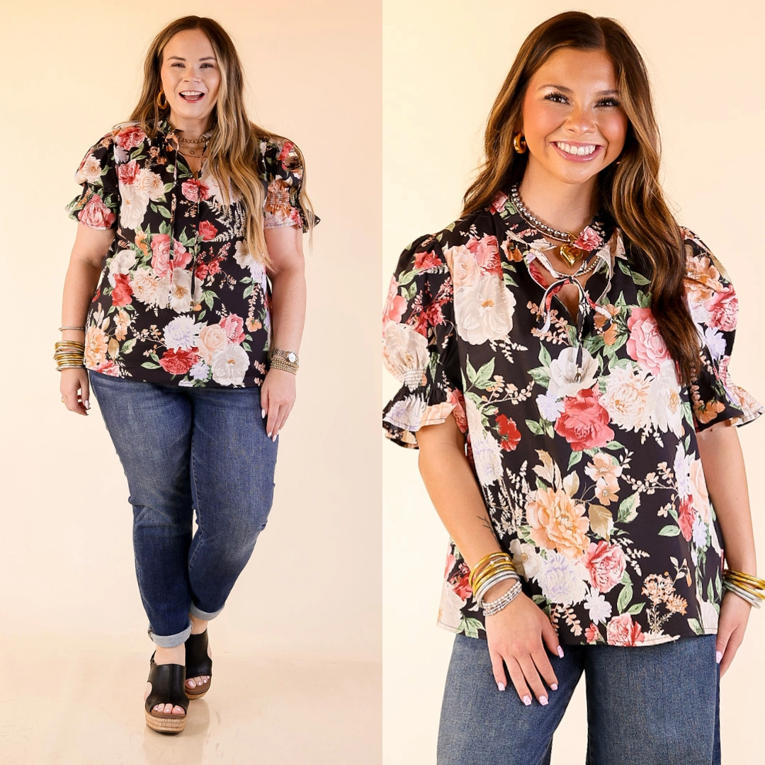 Freshly Picked Floral Print Top with Short Puff Sleeves in Black Country Charm