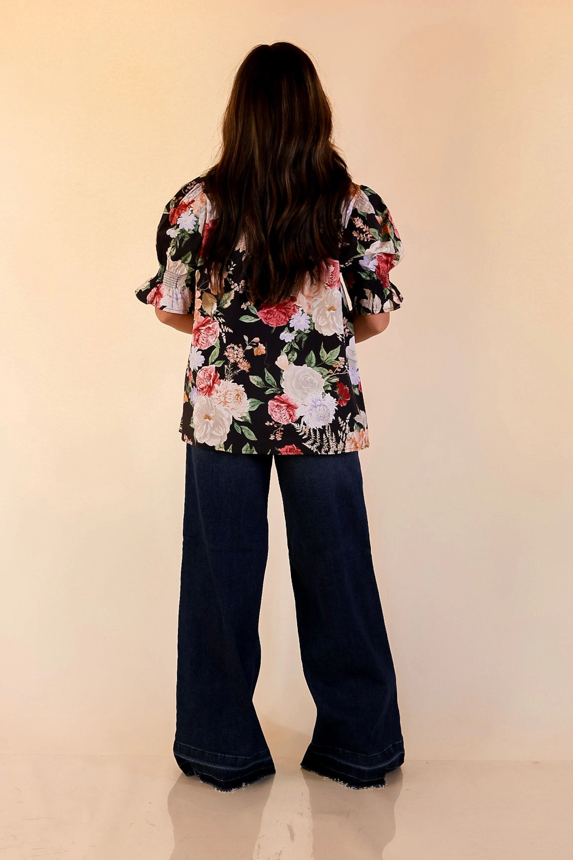Freshly Picked Floral Print Top with Short Puff Sleeves in Black Sleeveless Cut Versatile Styling