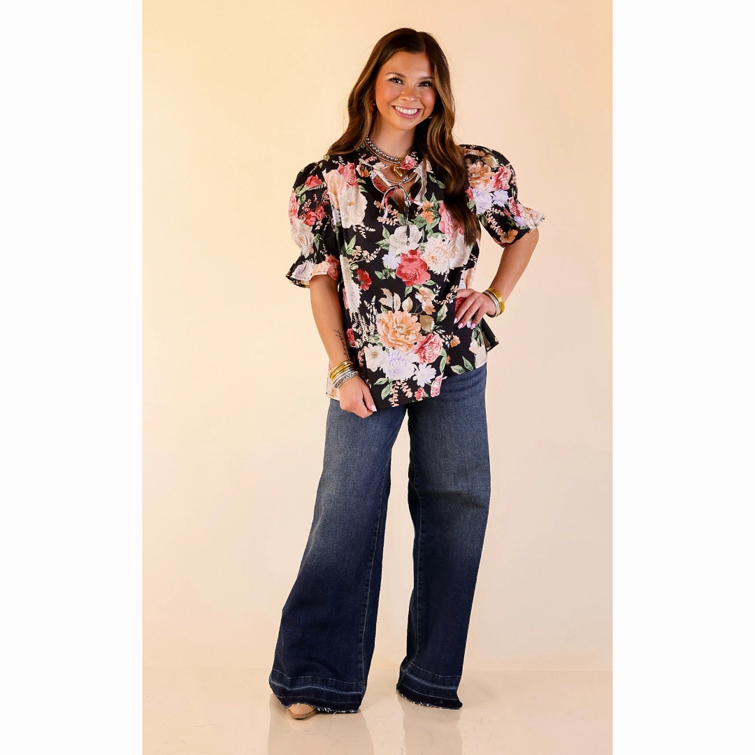 checkered pattern Two Tone Stitching Freshly Picked Floral Print Top with Short Puff Sleeves in Black