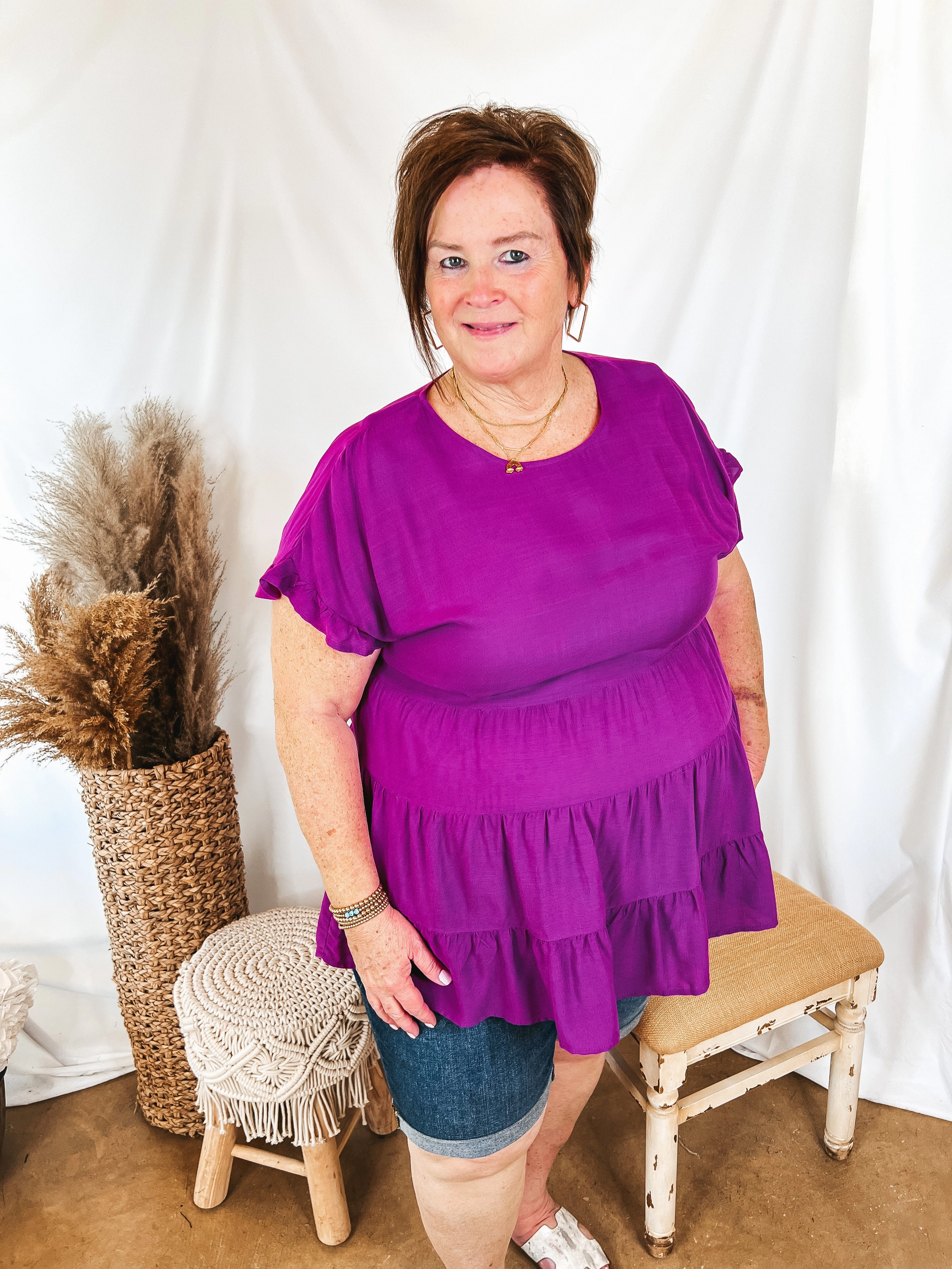 Last Chance Size Small and Medium | Belong To You Tiered Top with Ruffle Cap Sleeves in Magenta Relaxed Wear