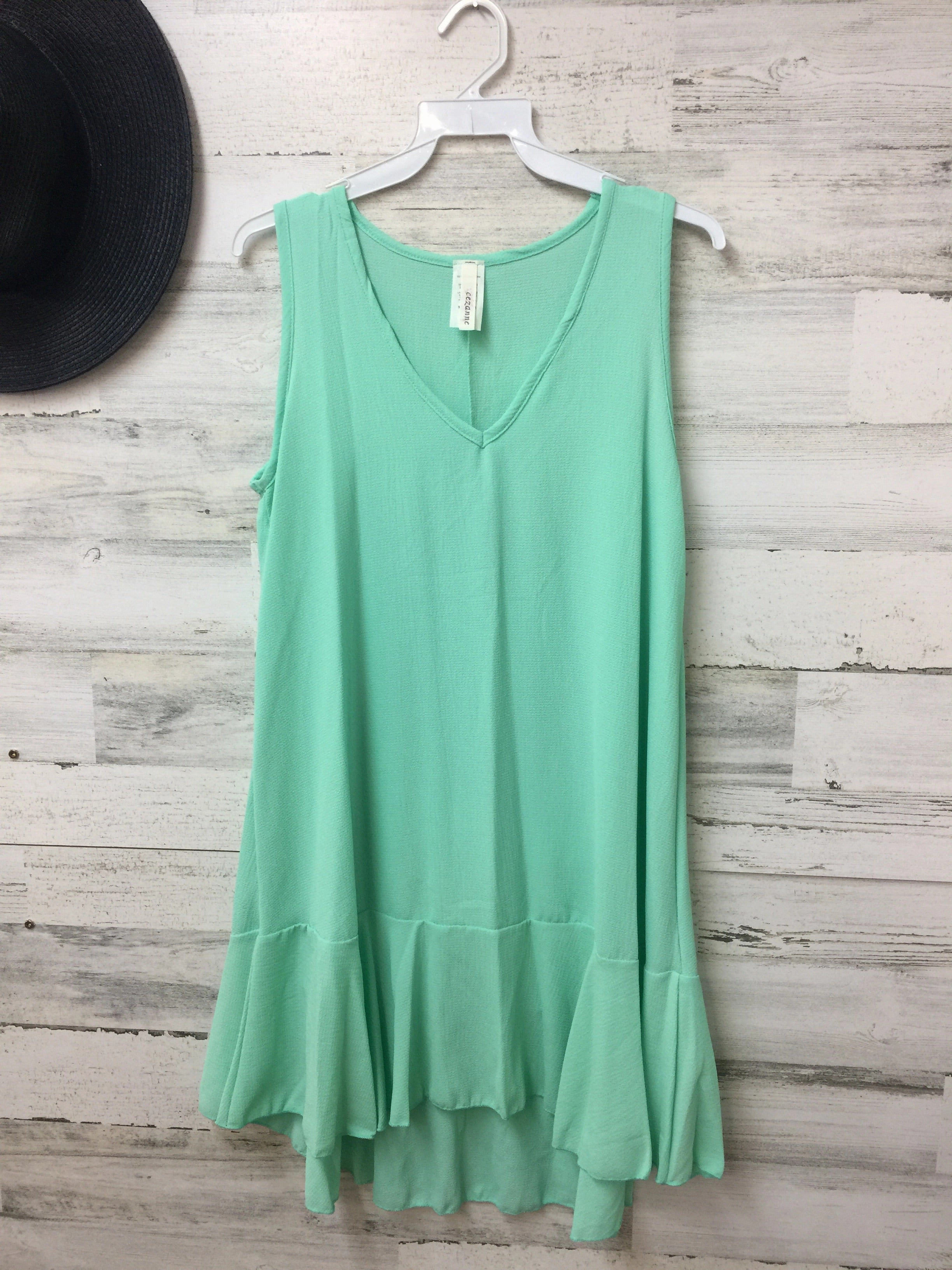V-Neck Tank Tunic Top with Ruffle in Mint Green Simple Dress