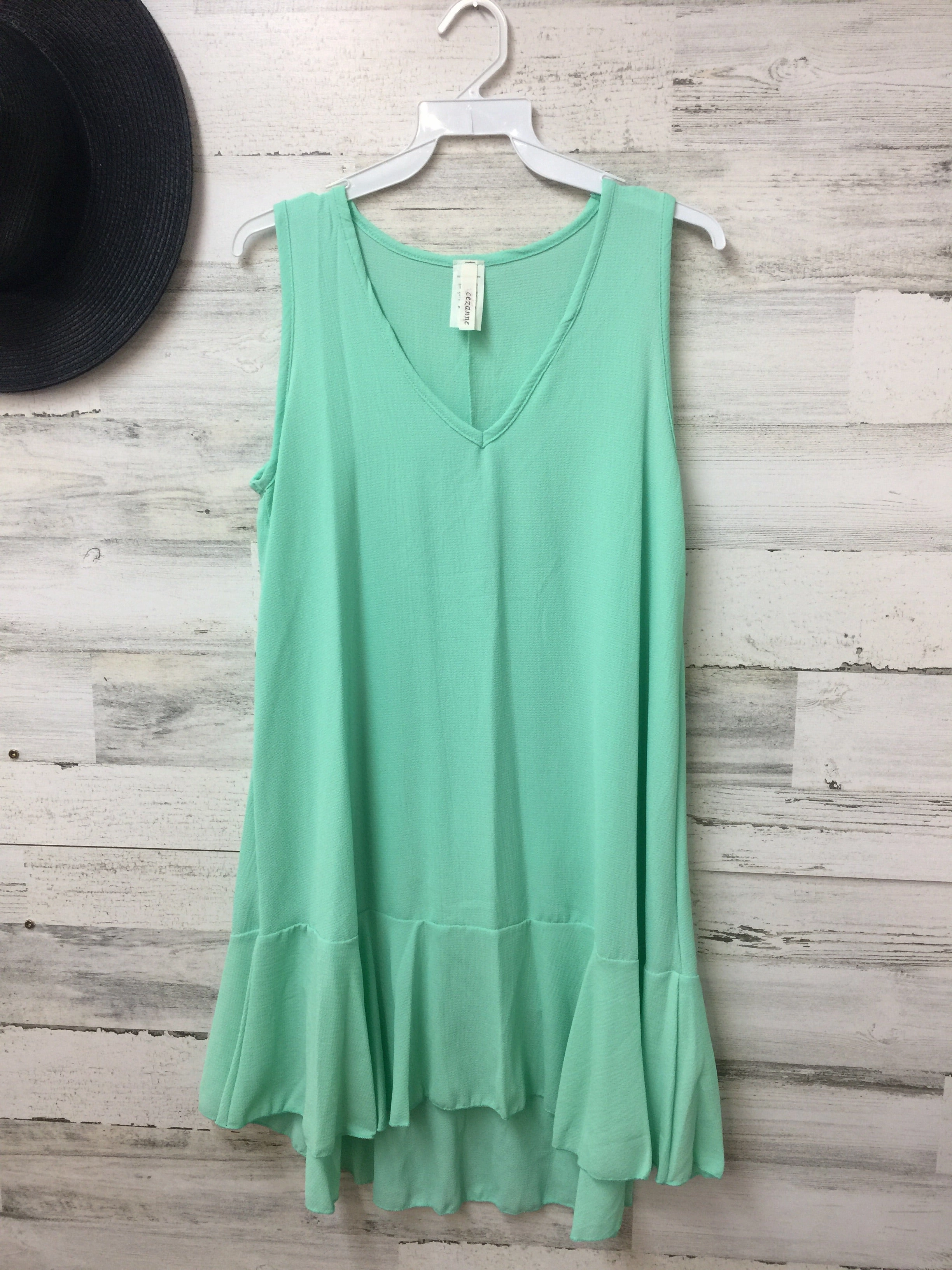 Stage Feel V-Neck Tank Tunic Top with Ruffle in Mint Green