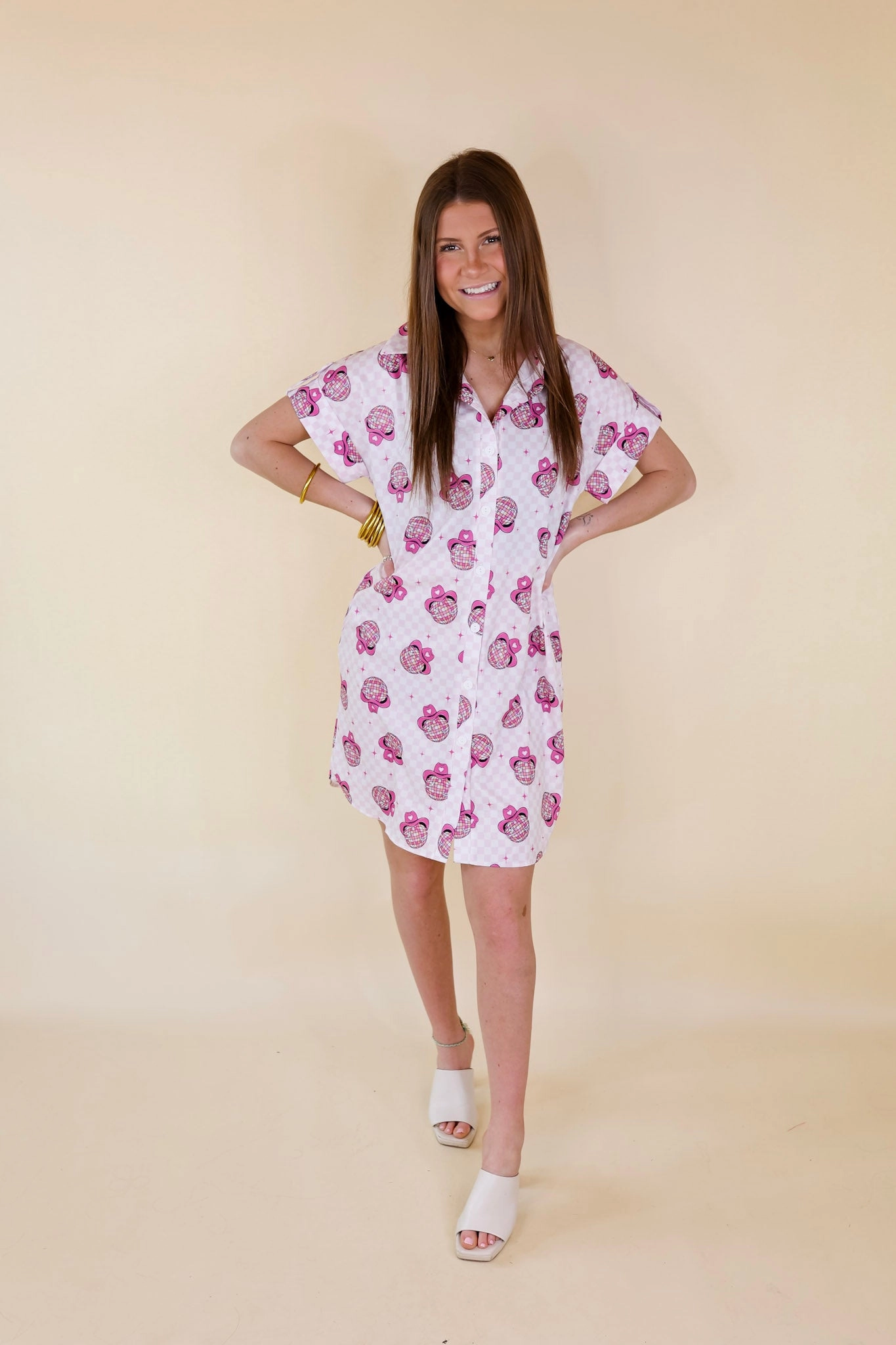 The Cowgirl Way Short Sleeve Button Up Disco Ball Cowboy Hat Dress in Hot Pink Sustainable Wear LowProfile Fasteners