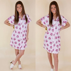 The Cowgirl Way Short Sleeve Button Up Disco Ball Cowboy Hat Dress in Hot Pink hypoallergenic material