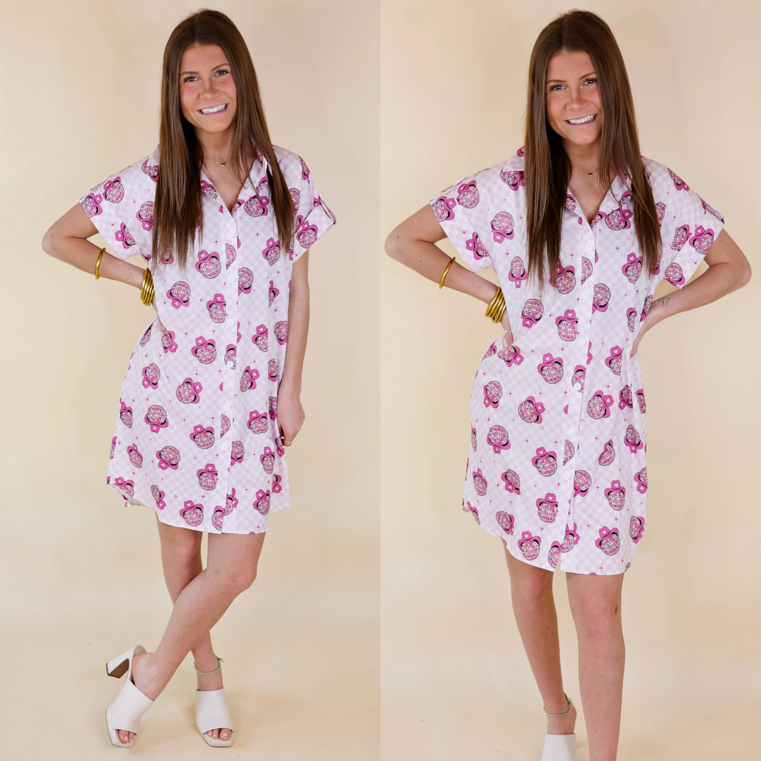 The Cowgirl Way Short Sleeve Button Up Disco Ball Cowboy Hat Dress in Hot Pink hypoallergenic material