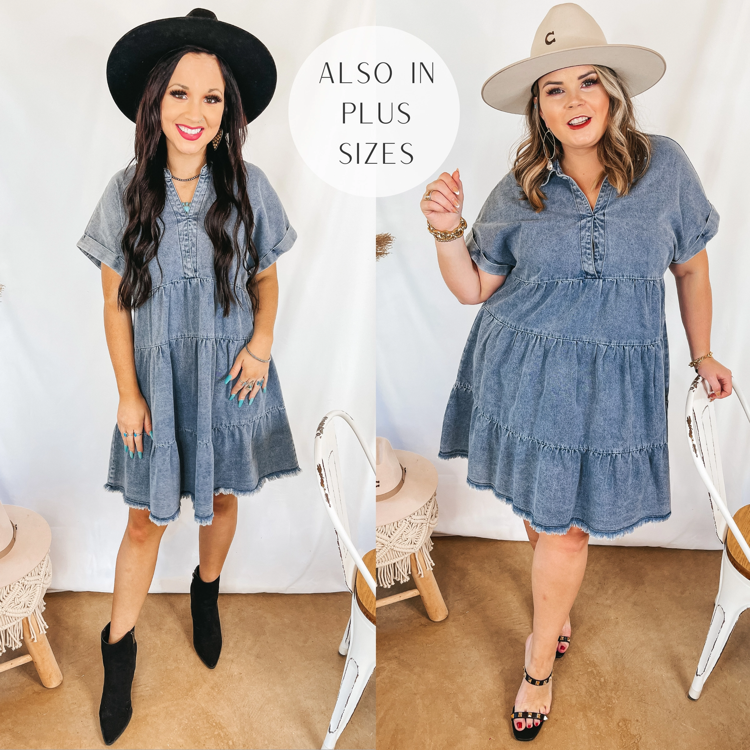 Wait List Tiered Denim Dress with Collared Neckline in Medium Wash All-Weather Wear
