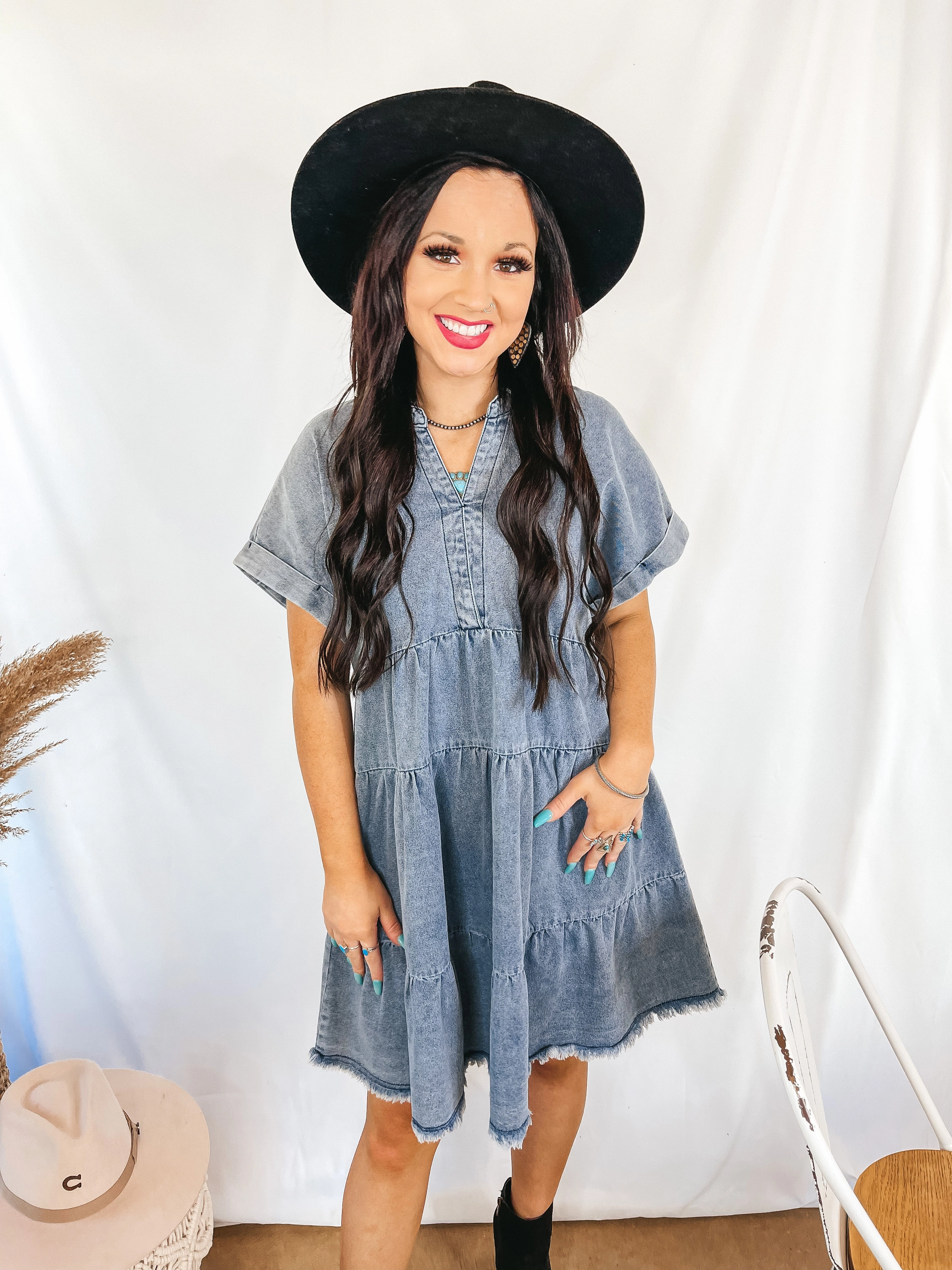Self Love MoistureControlClothing Wait List Tiered Denim Dress with Collared Neckline in Medium Wash