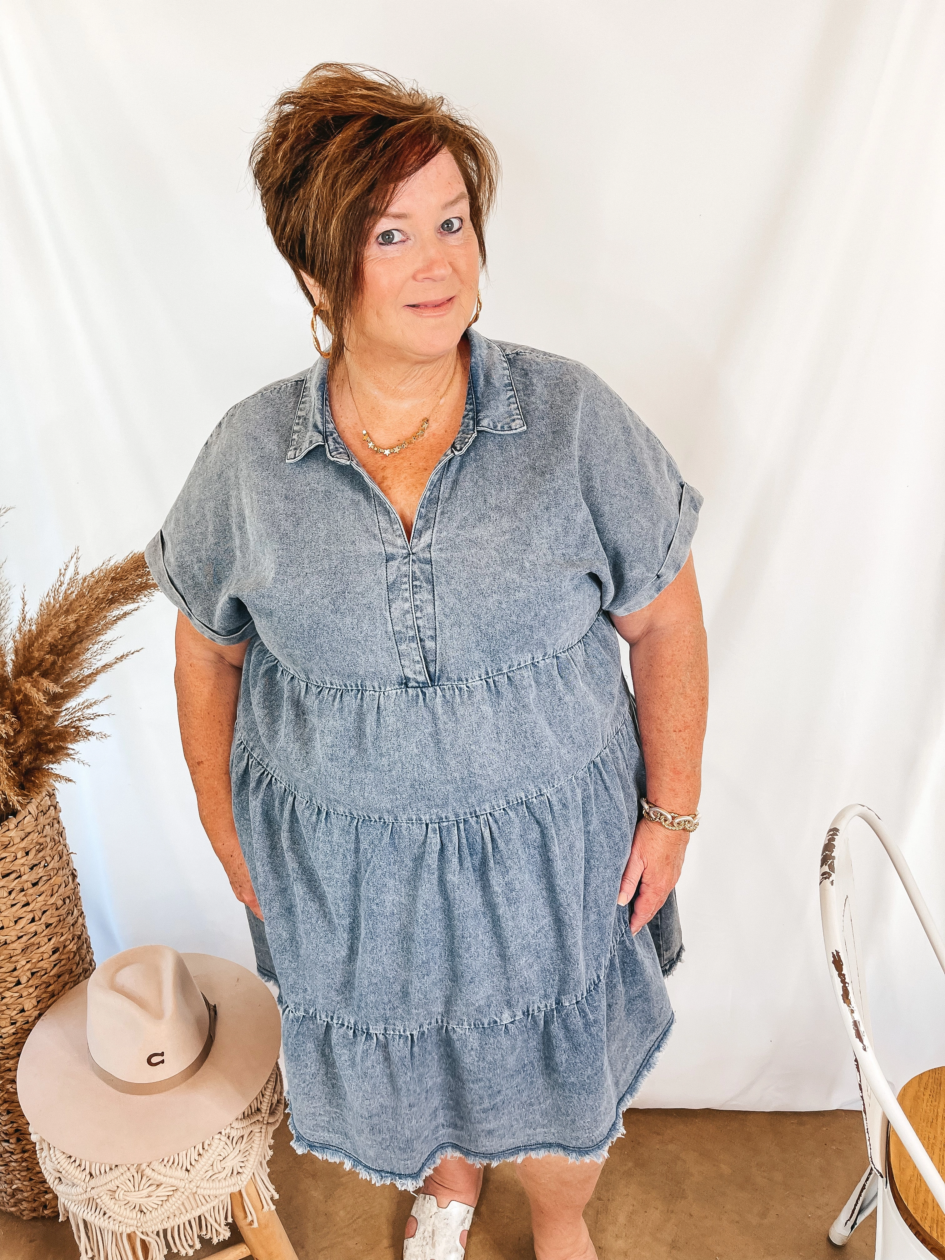 Spark Mood Wait List Tiered Denim Dress with Collared Neckline in Medium Wash